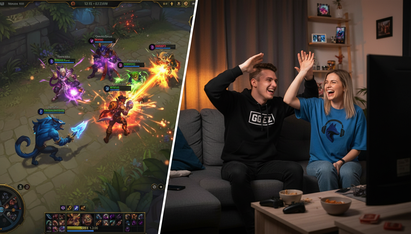 Pareja gamer celebrando una victoria en League of Legends