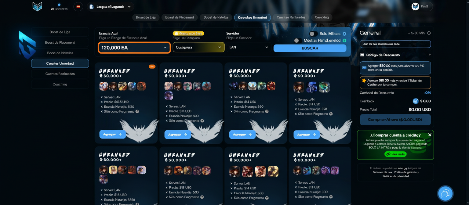 Panel para elegir cantidad de Esencia Azul en EZLOL.GG