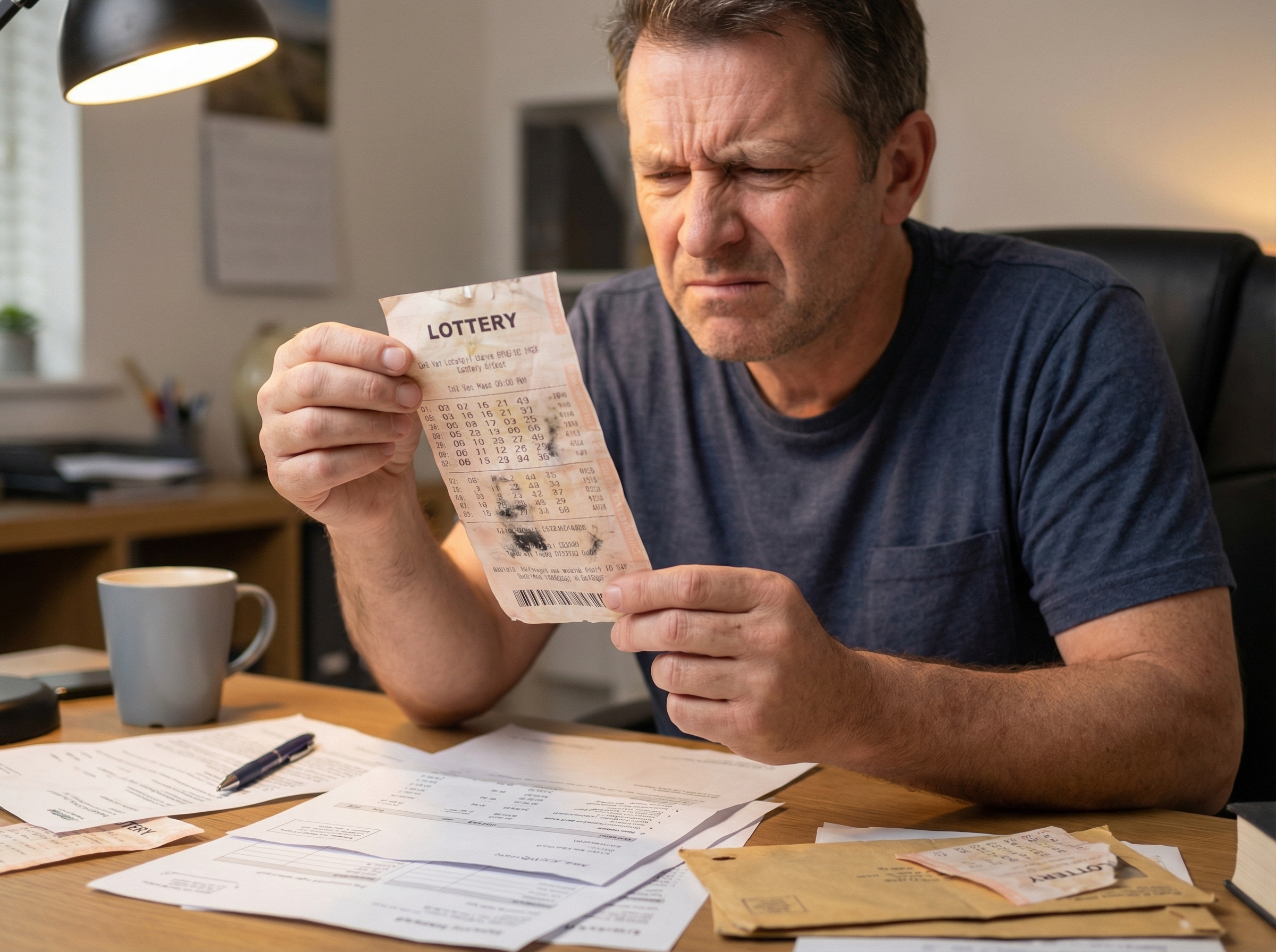 Persona revisando un ticket de loter&iacute;a da&ntilde;ado con preocupaci&oacute;n