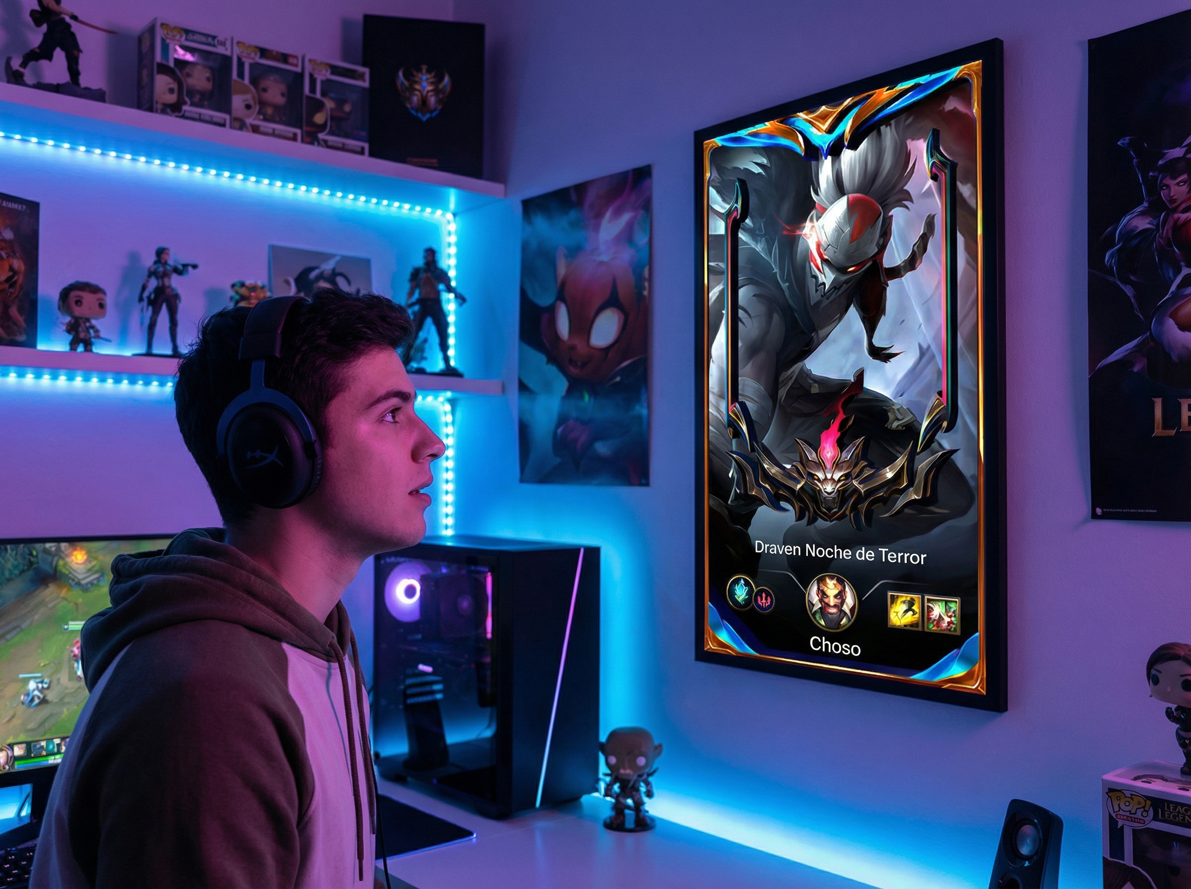 Joven gamer admirando cuadro LoL con marco Challenger