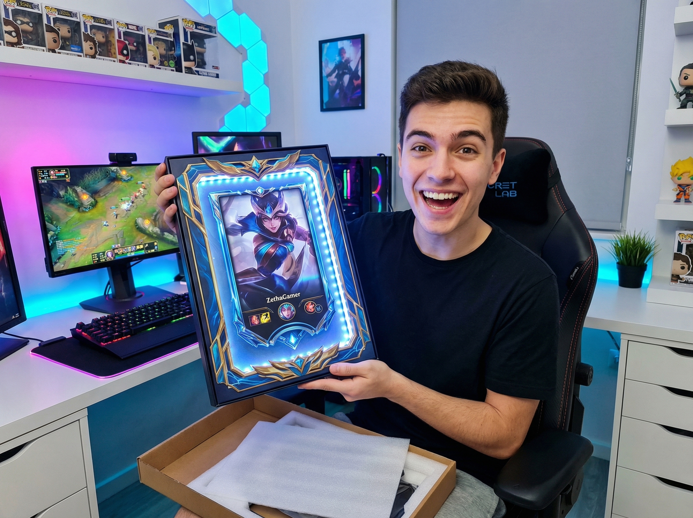 Joven gamer emocionado con su cuadro LoL personalizado
