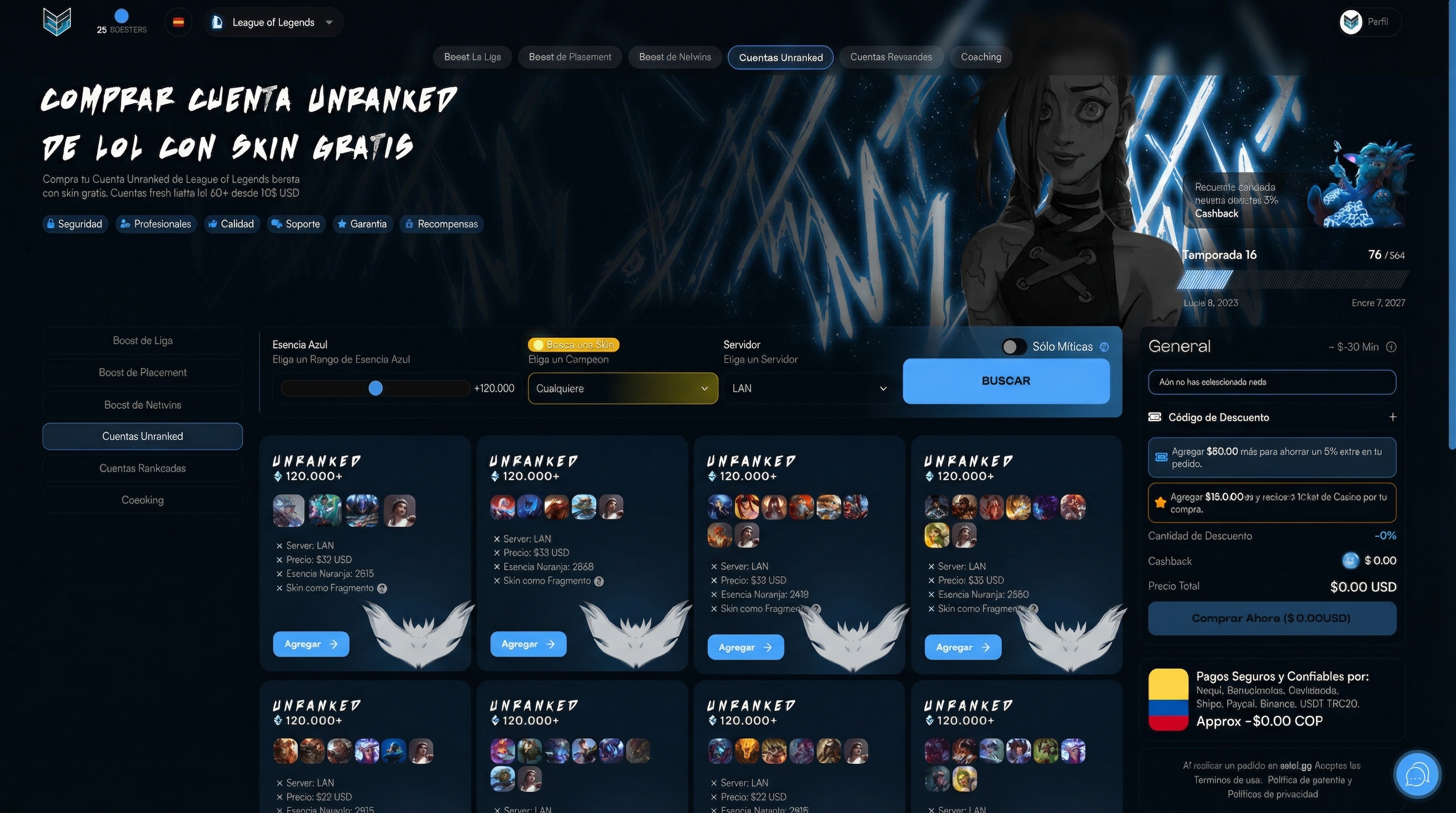 Vista previa de la p&aacute;gina web de EZLOL.GG mostrando cuentas de LoL
