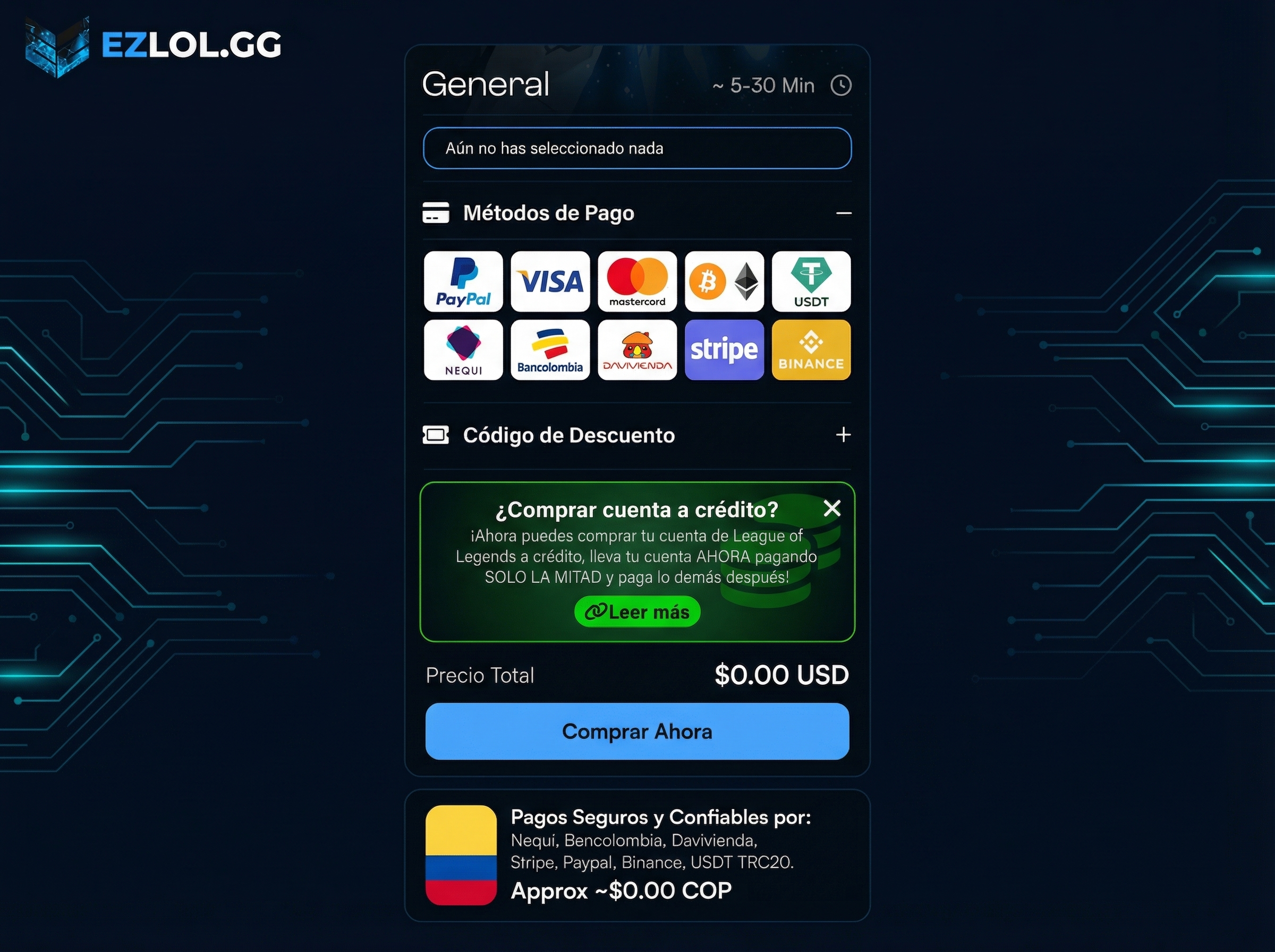 M&oacute;dulo de pago de EZLOL.GG con diversas opciones de pago y bot&oacute;n de cr&eacute;dito