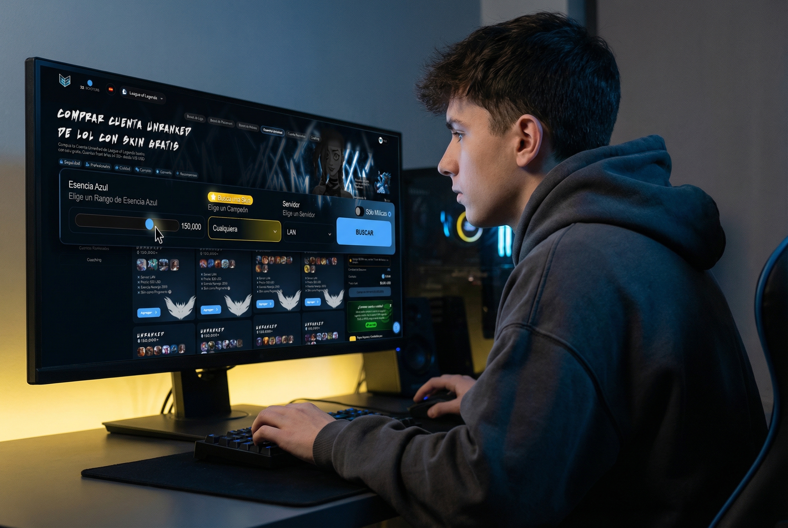 Panel de selecci&oacute;n de EZLOL.GG para elegir cantidad de Esencia Azul, campe&oacute;n y servidor