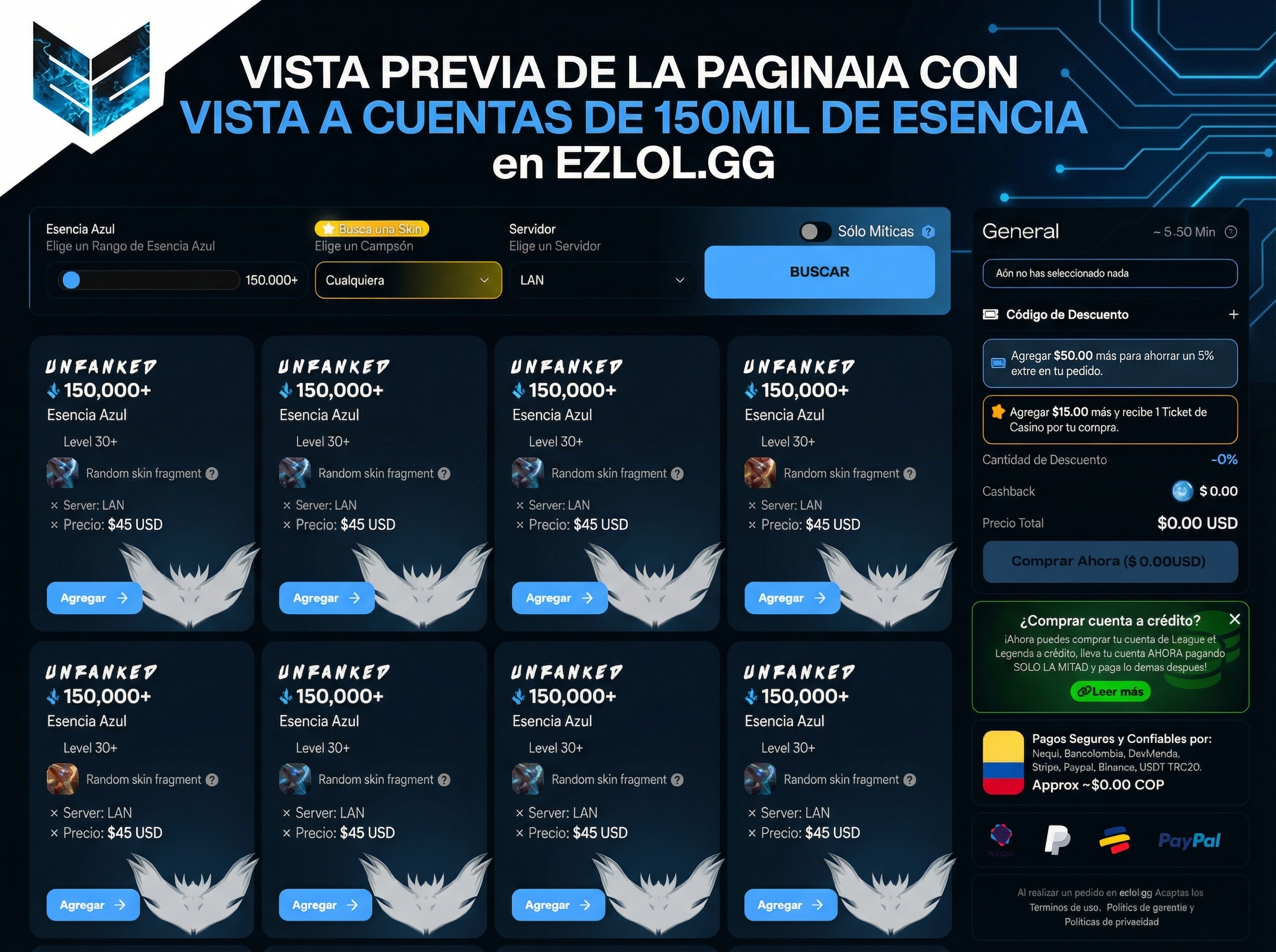 P&aacute;gina de EZLOL.GG mostrando cuentas unranked de LoL con 150,000 de Esencia Azul