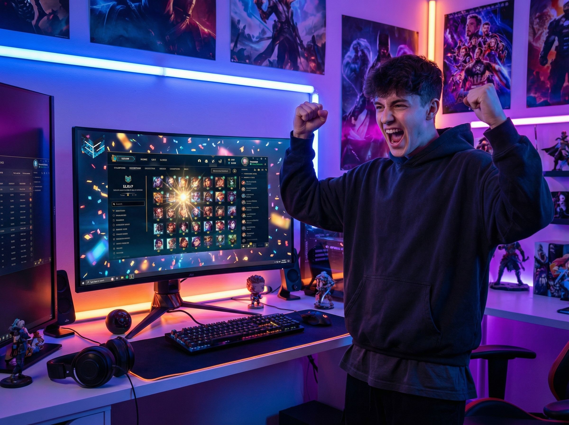 Joven gamer celebrando con m&uacute;ltiples campeones de LoL en pantalla