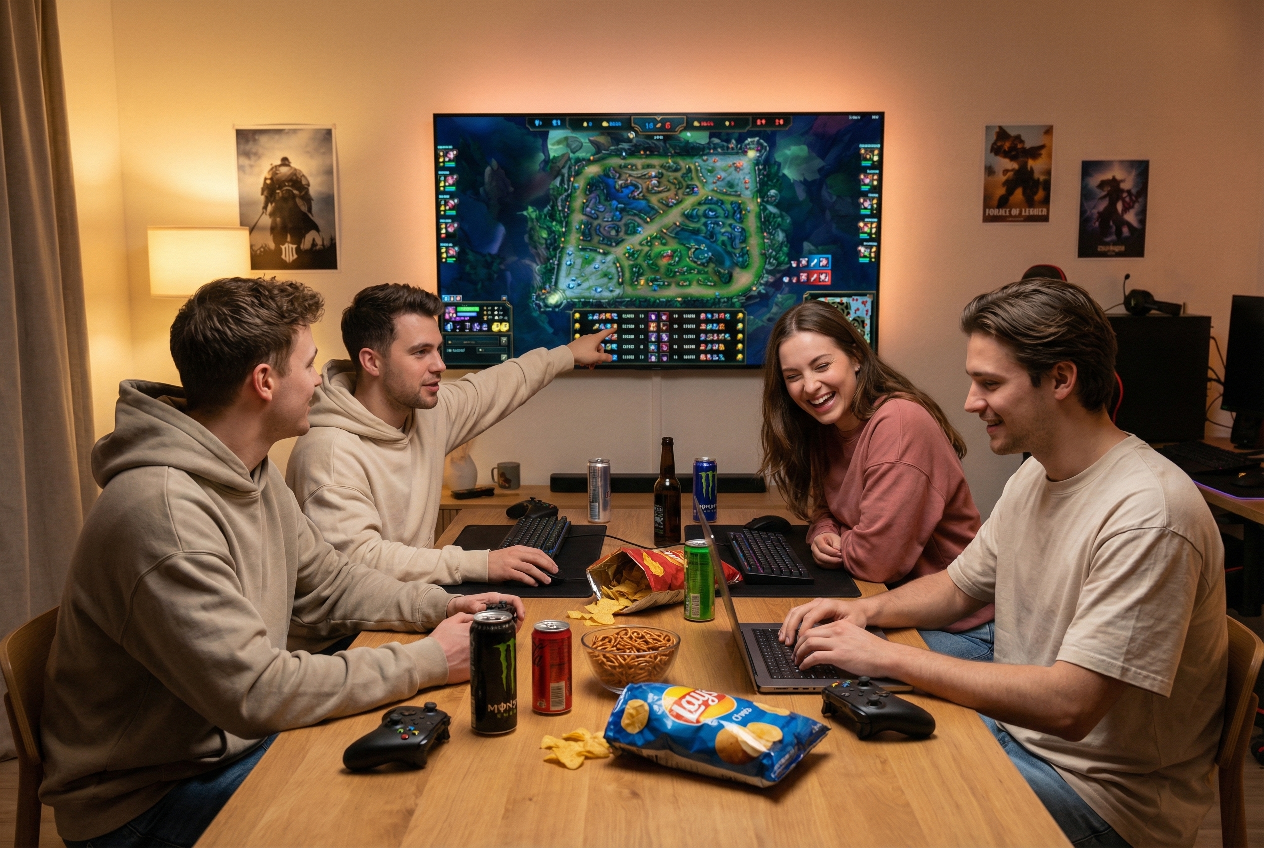 Grupo de j&oacute;venes gamers discutiendo estrategia de LoL