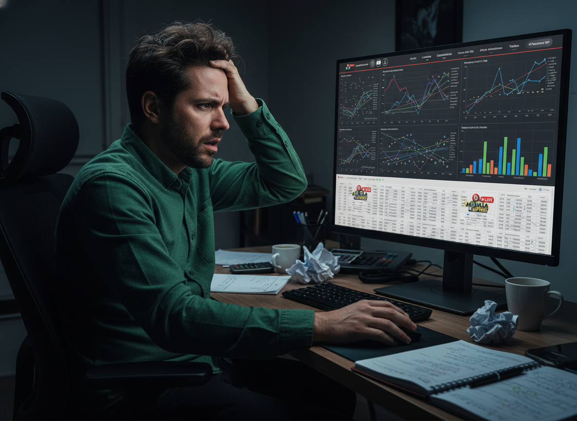 Persona confundida mirando gr&aacute;ficos de loter&iacute;a, simbolizando errores comunes