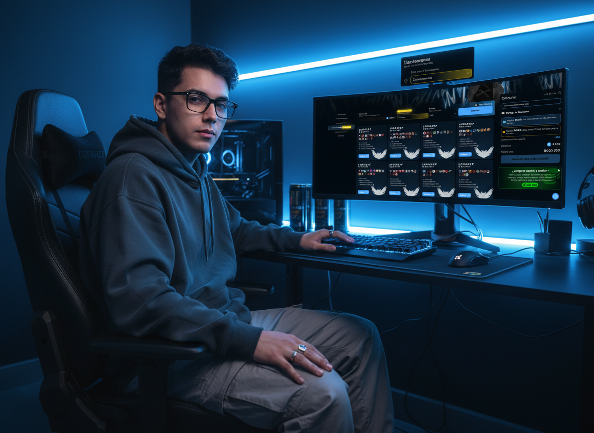 Gamer concentrado jugando LoL en su setup