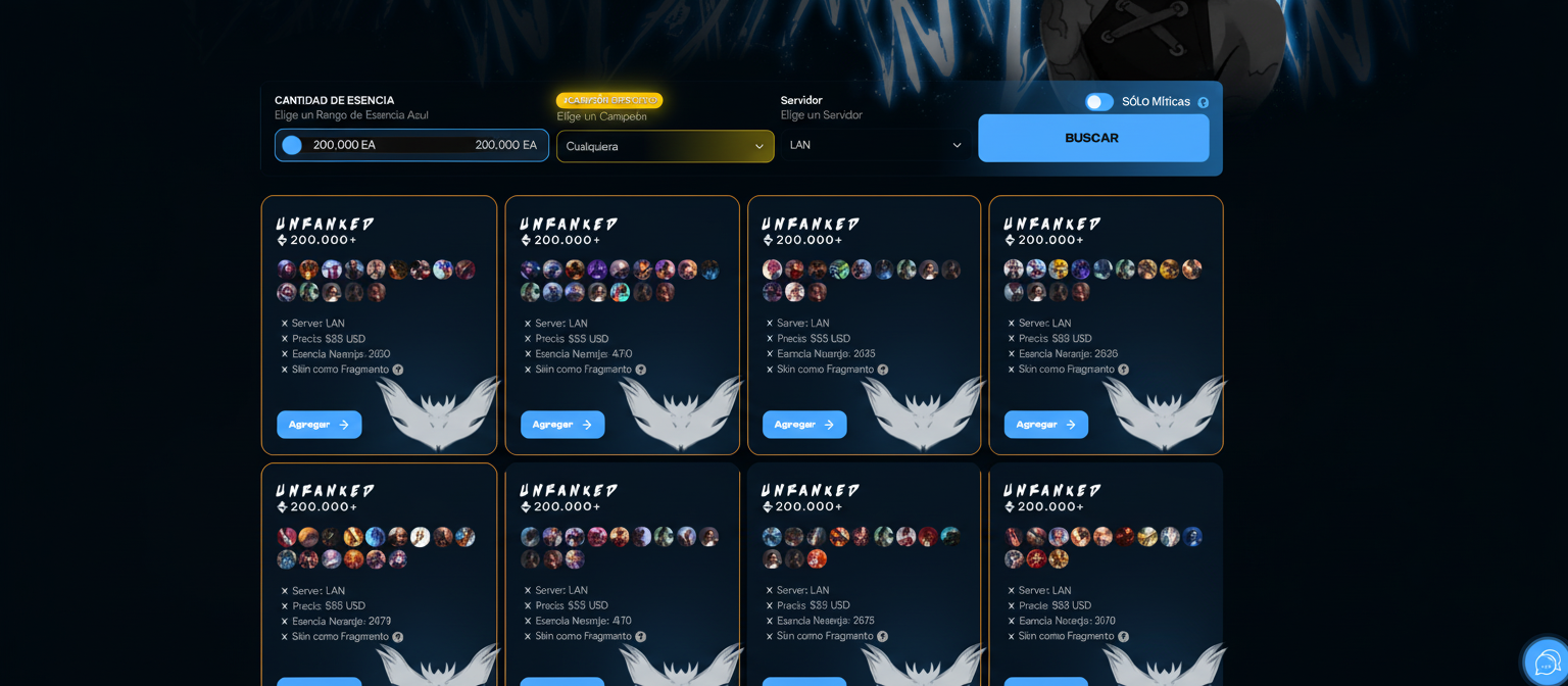 Panel para elegir cantidad de Esencia Azul en EZLOL.GG