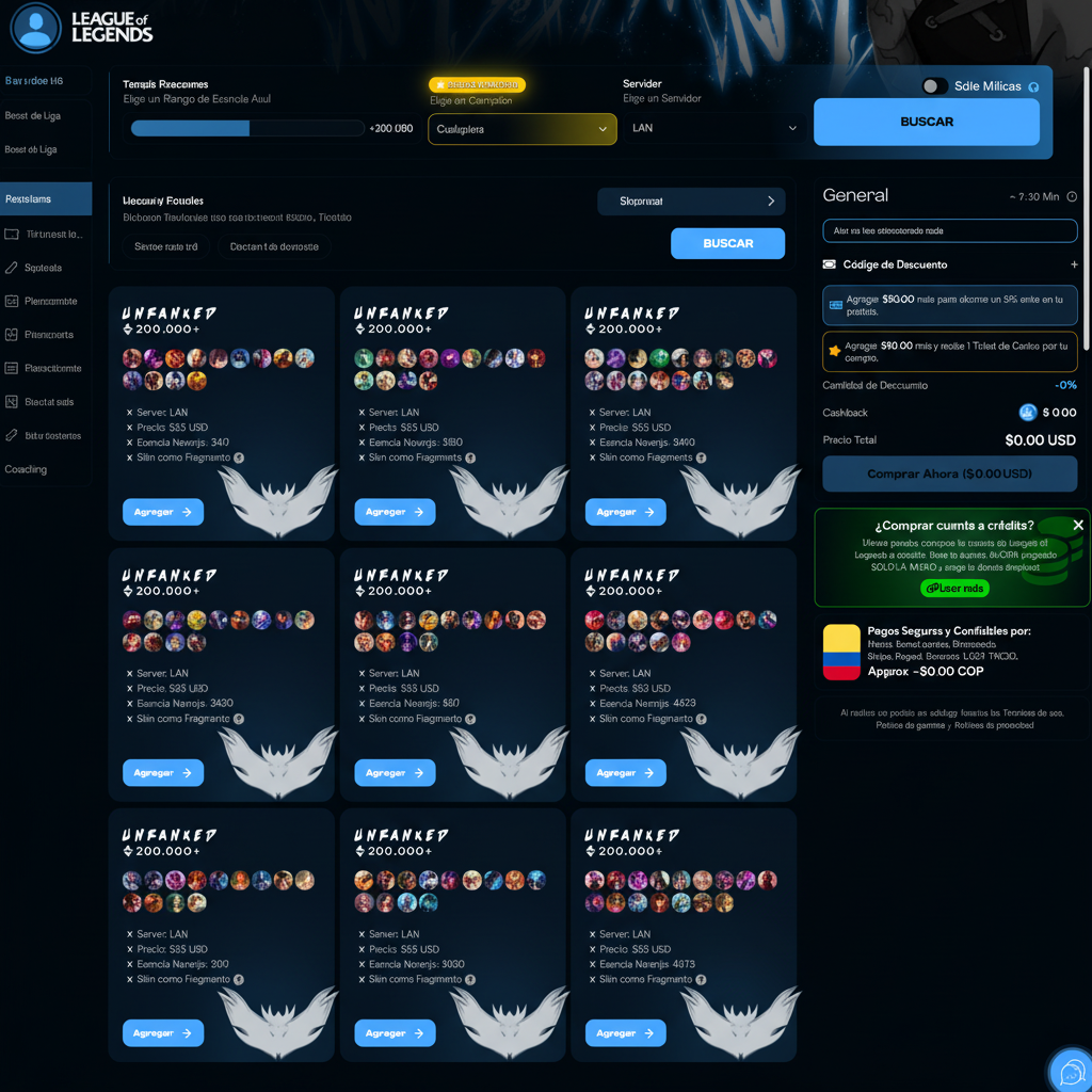 Vista de las cuentas LoL con 200k de EA disponibles