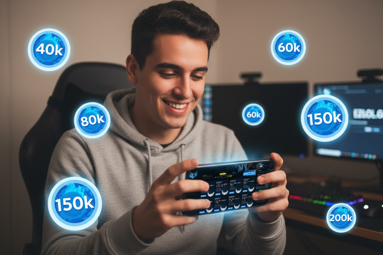 Gamer feliz eligiendo su cuenta de LoL en el móvil