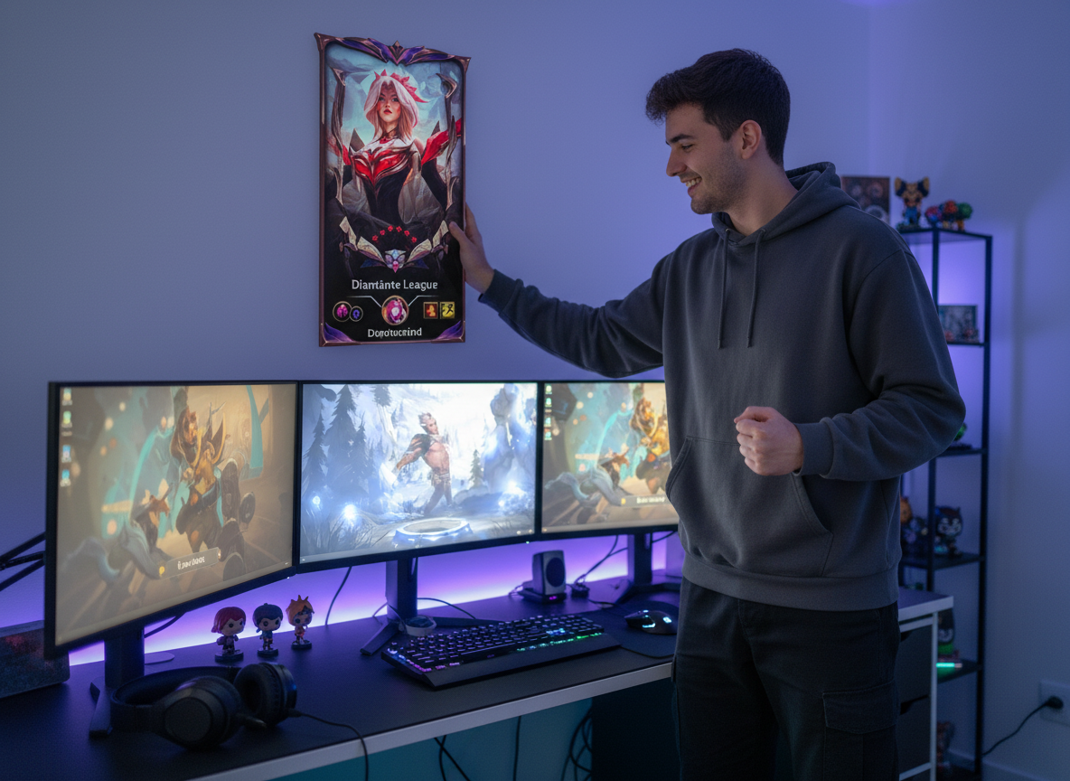 Joven gamer mirando su cuadro LoL con marco Diamante en la pared