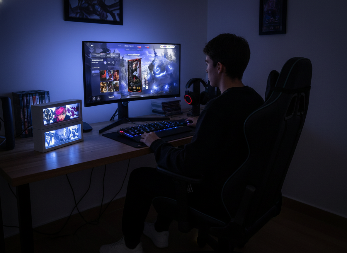 Lámpara LED de LoL en un setup gamer