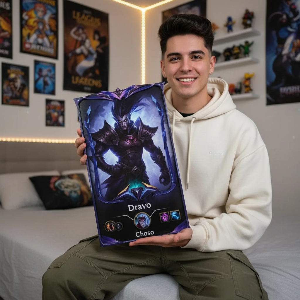 Joven sosteniendo un cuadro personalizado de LoL