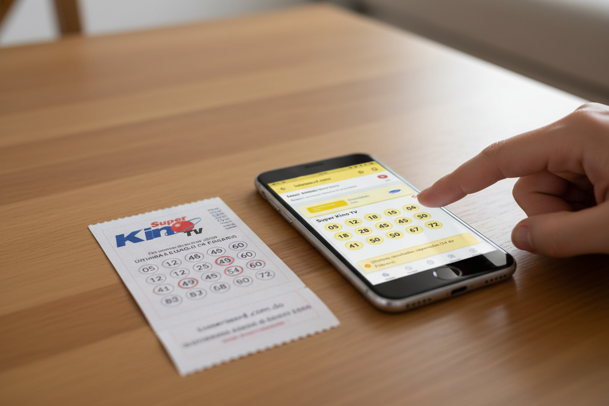 Primer plano de un boleto de loter&iacute;a Super Kino TV junto a un smartphone con resultados