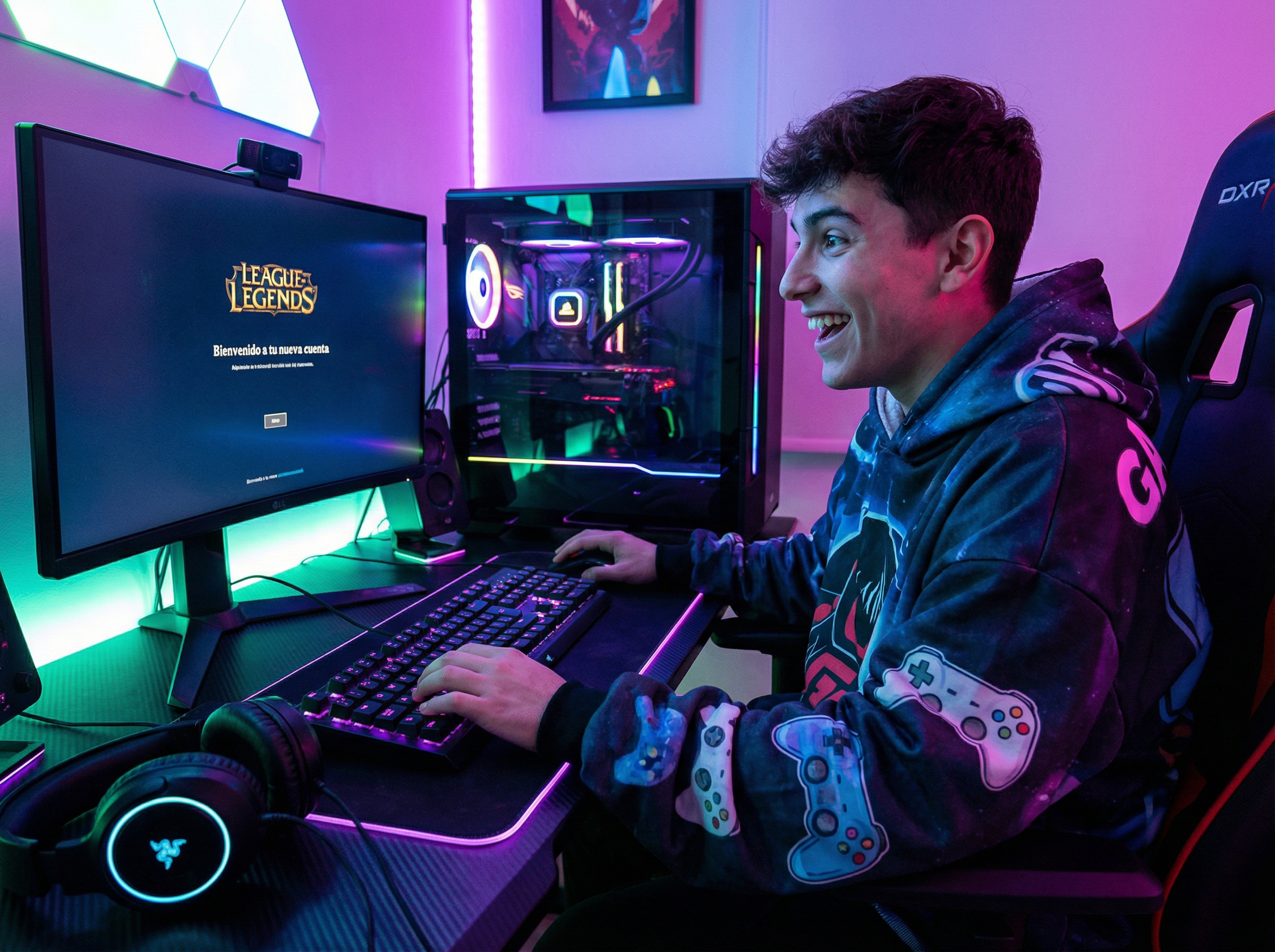 Joven gamer emocionado con su nueva cuenta unranked de LoL