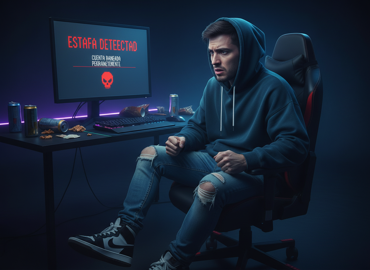 Joven gamer frustrado mirando una pantalla con un mensaje de estafa