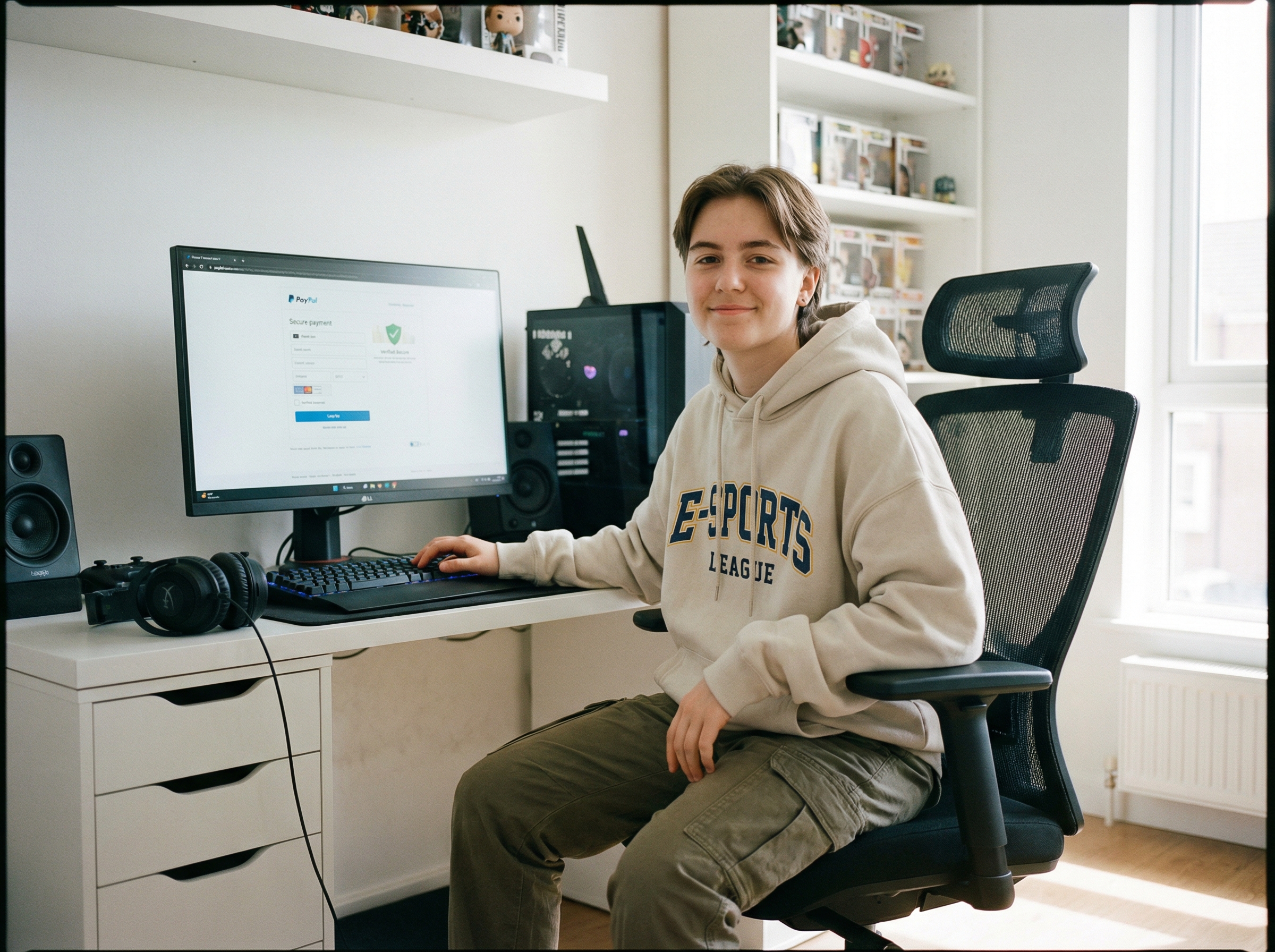 Joven gamer haciendo una compra segura en l&iacute;nea con tarjeta de cr&eacute;dito