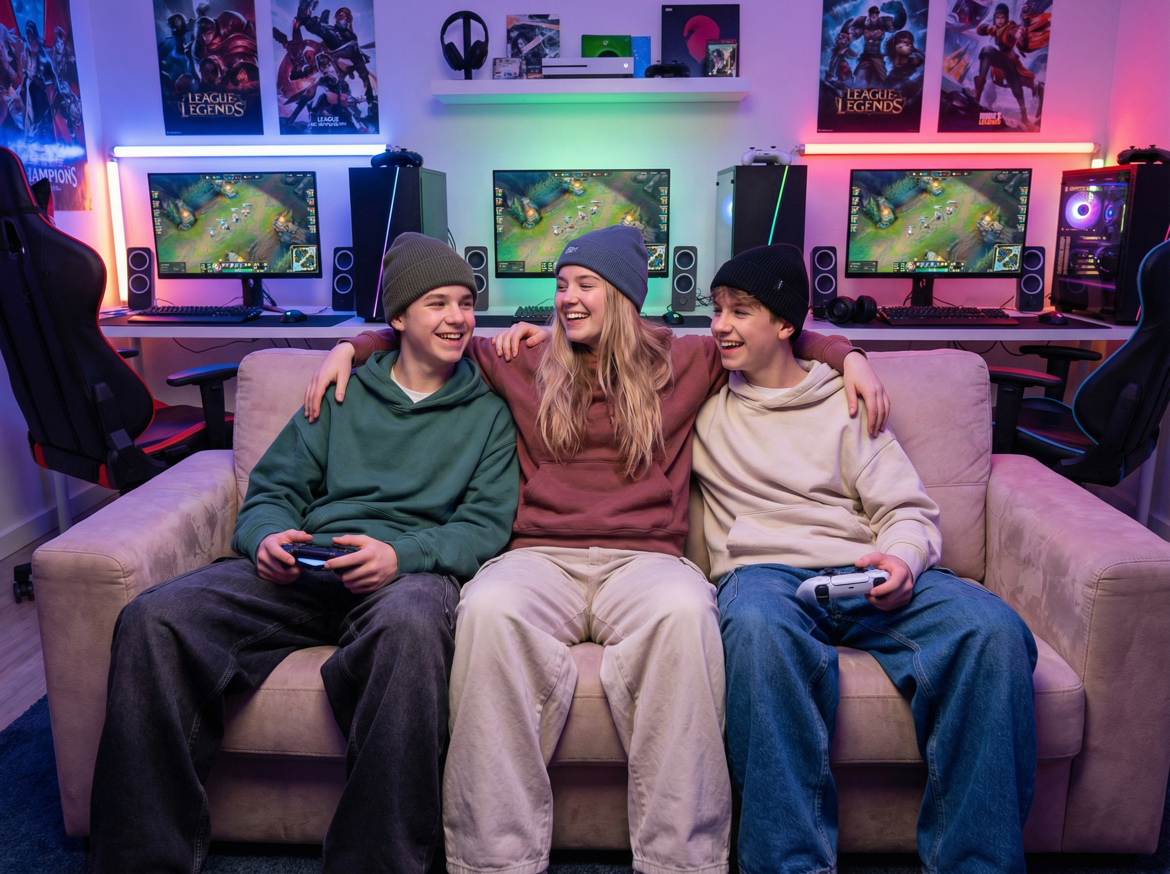 Grupo de j&oacute;venes gamers riendo y disfrutando de League of Legends juntos