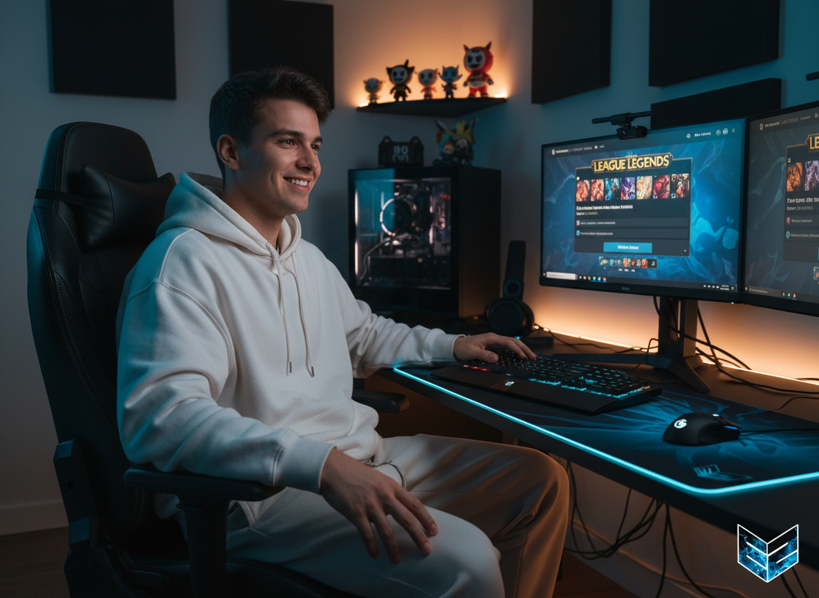 Jugador joven y feliz usando una cuenta de LoL con garant&iacute;a de por vida