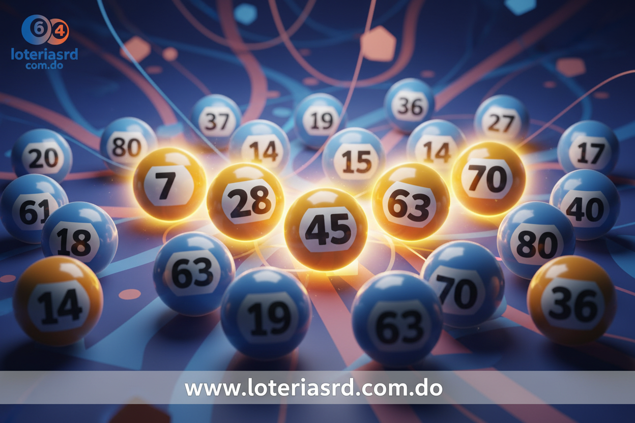 Representaci&oacute;n gr&aacute;fica de bolas de loter&iacute;a con n&uacute;meros, mostrando una combinaci&oacute;n ganadora