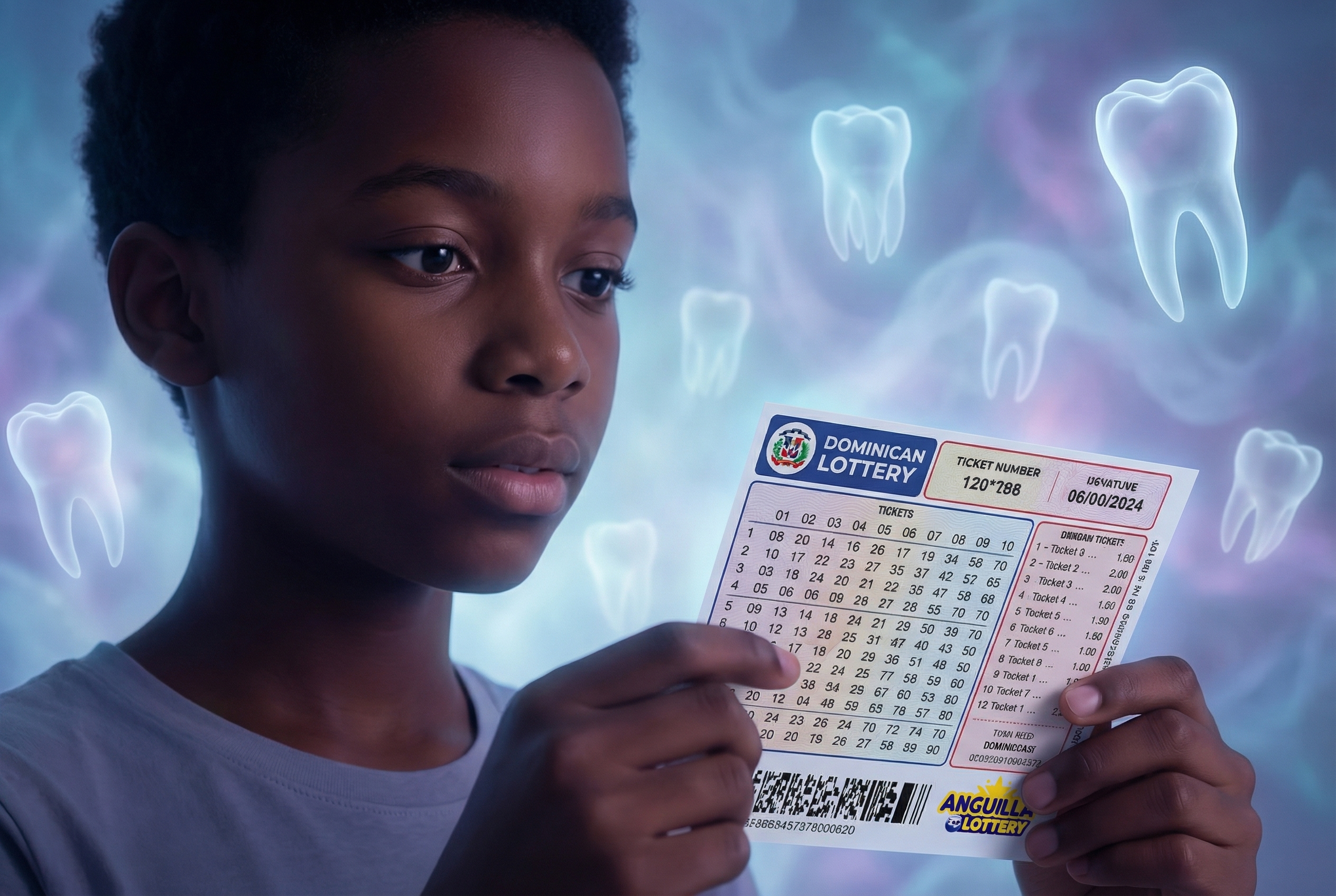 Persona pensativa con boleto de loter&iacute;a y dientes on&iacute;ricos