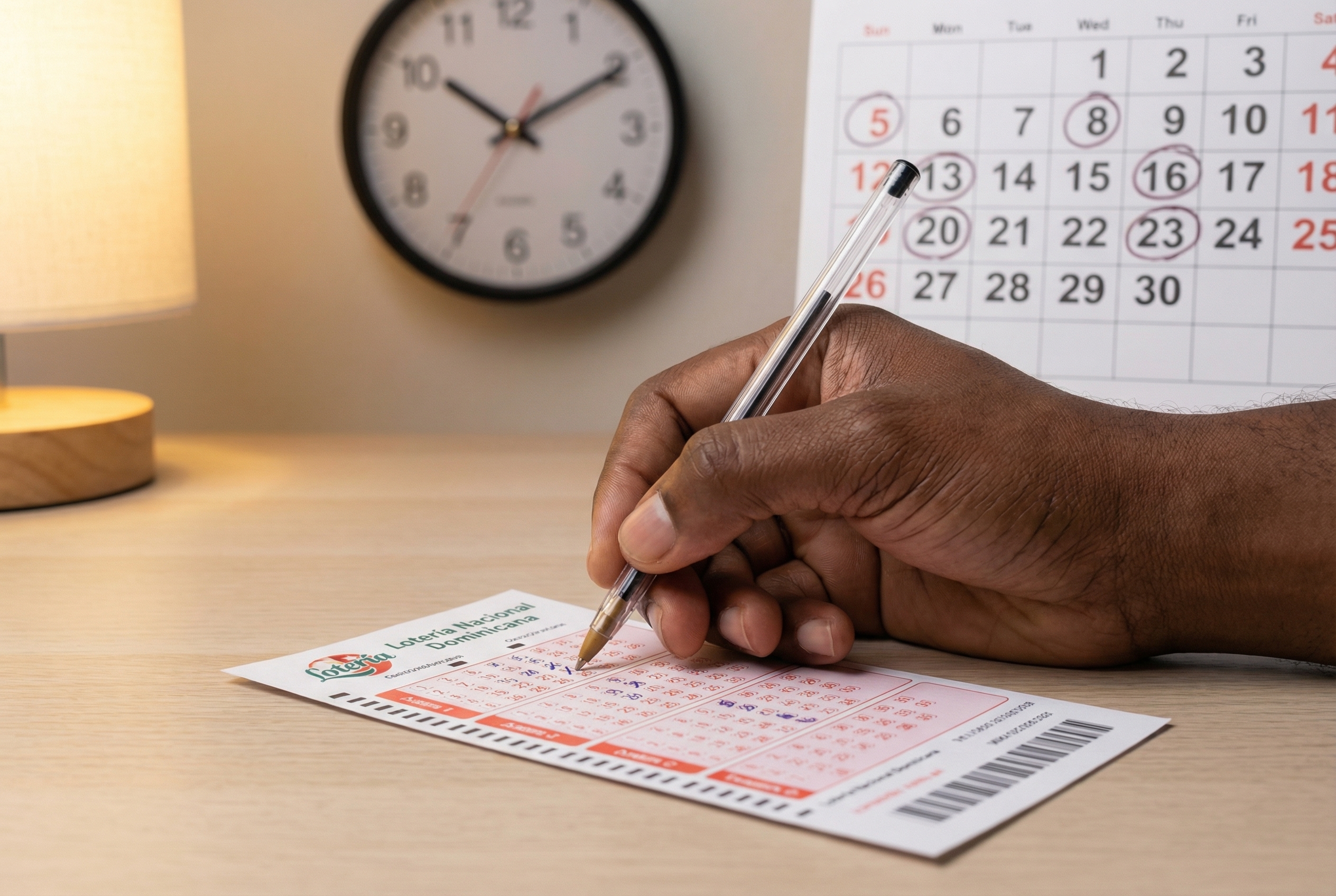 Mano marcando n&uacute;meros en un boleto de loter&iacute;a