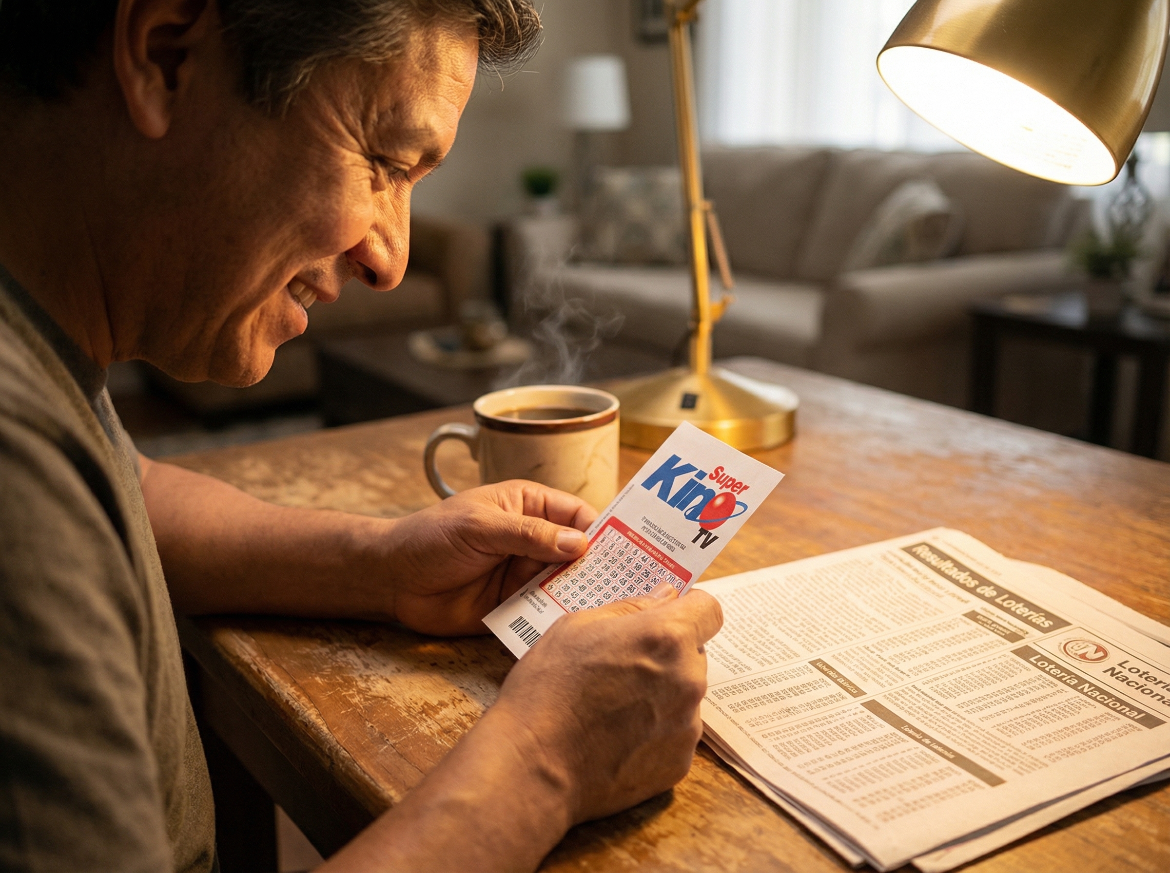 Revisando un boleto de loter&iacute;a con atenci&oacute;n