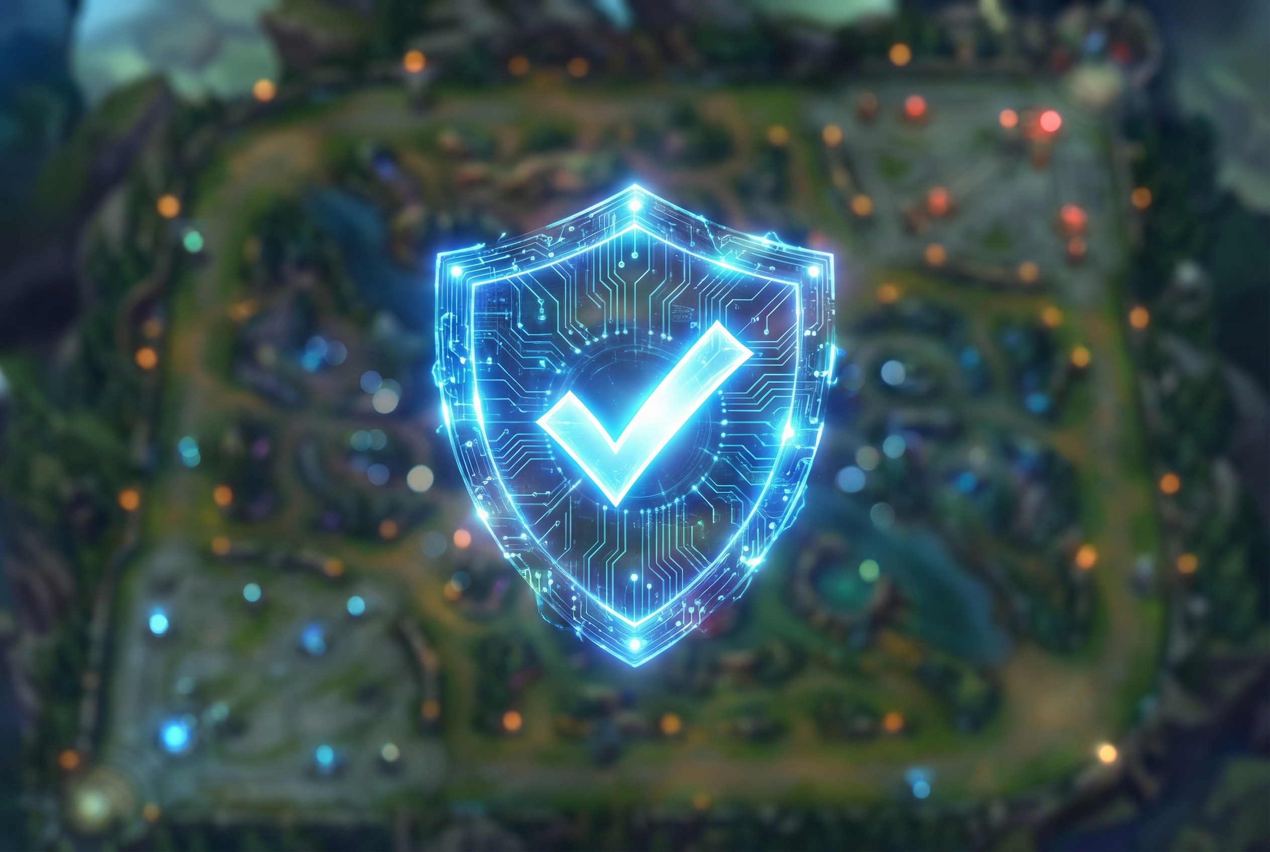 Escudo de seguridad digital sobre el mapa de LoL
