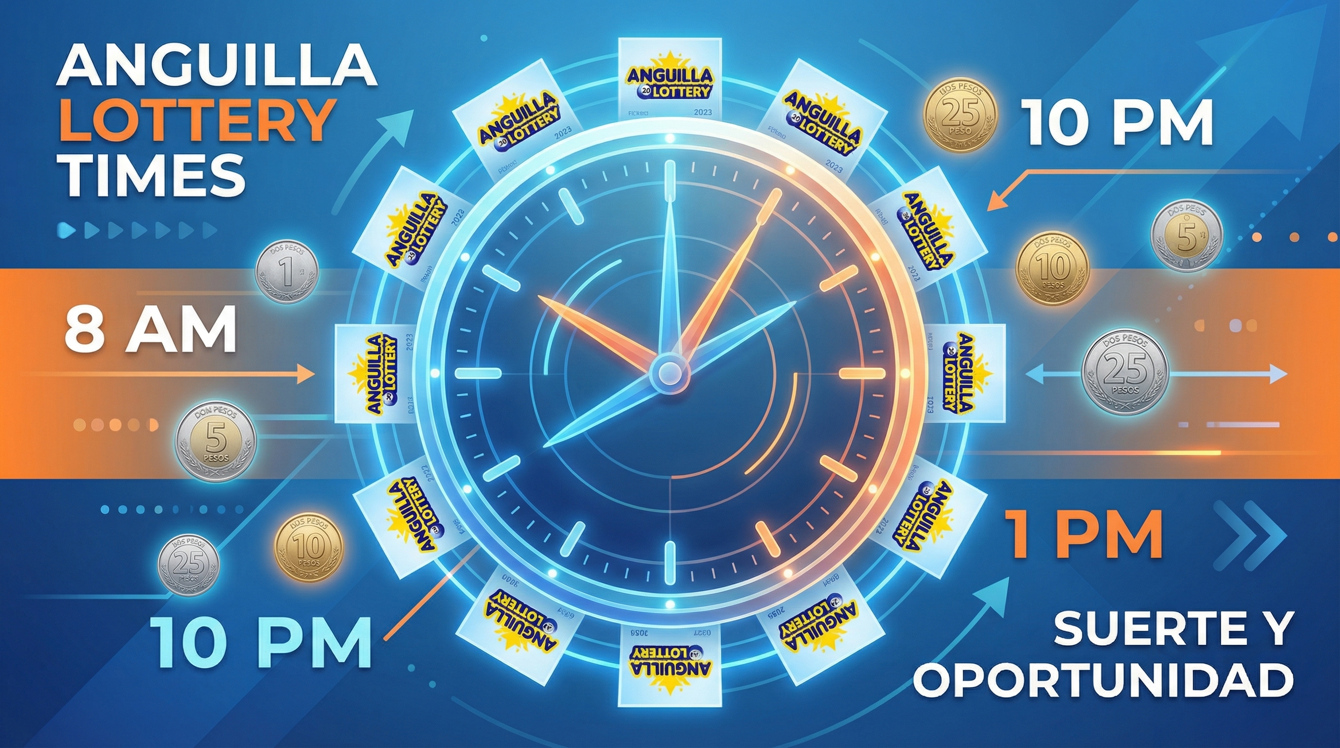 Calendario con horarios de lotería Anguila y tickets de juego