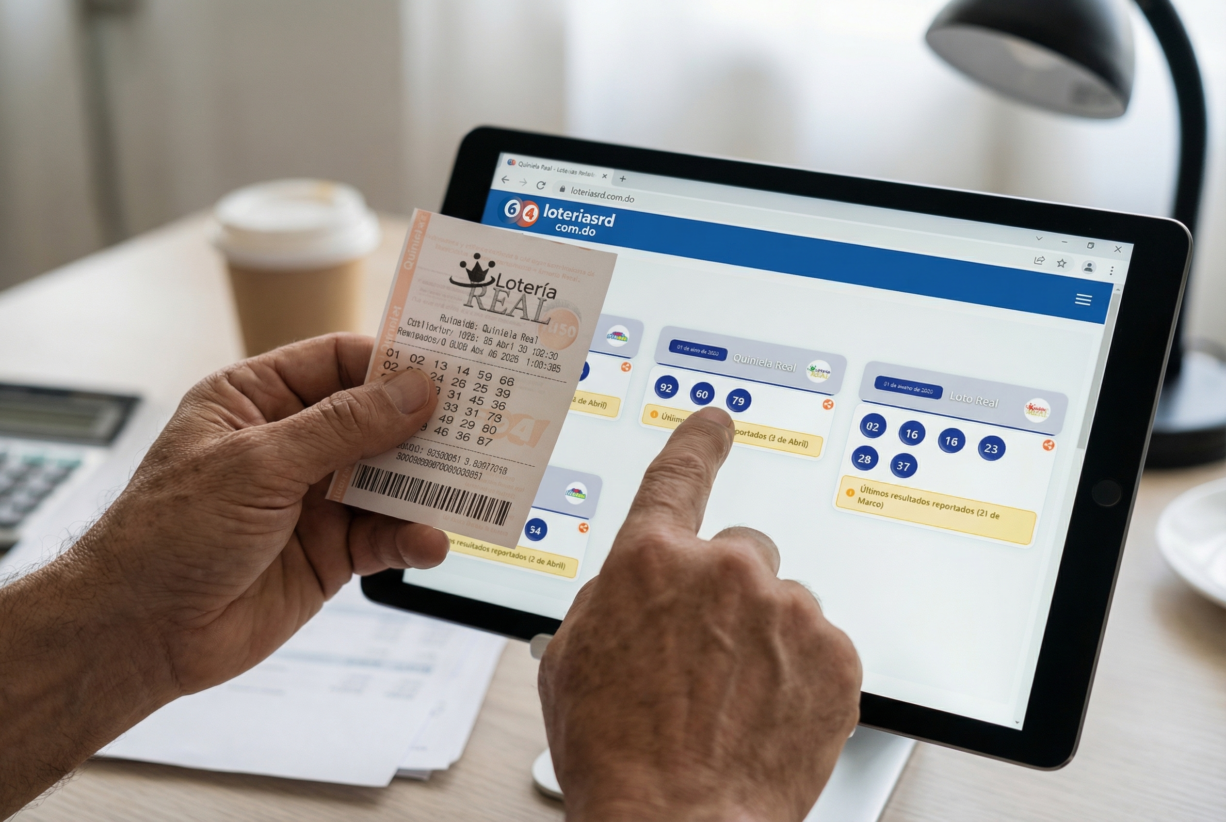 Mano comparando boleto de Quiniela Real con resultados en pantalla