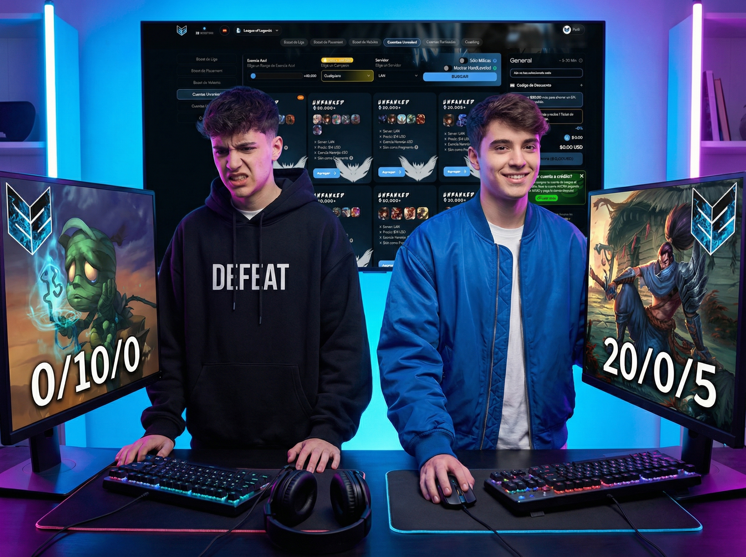 Jugadores j&oacute;venes de LoL comparando cuenta smurf y nueva