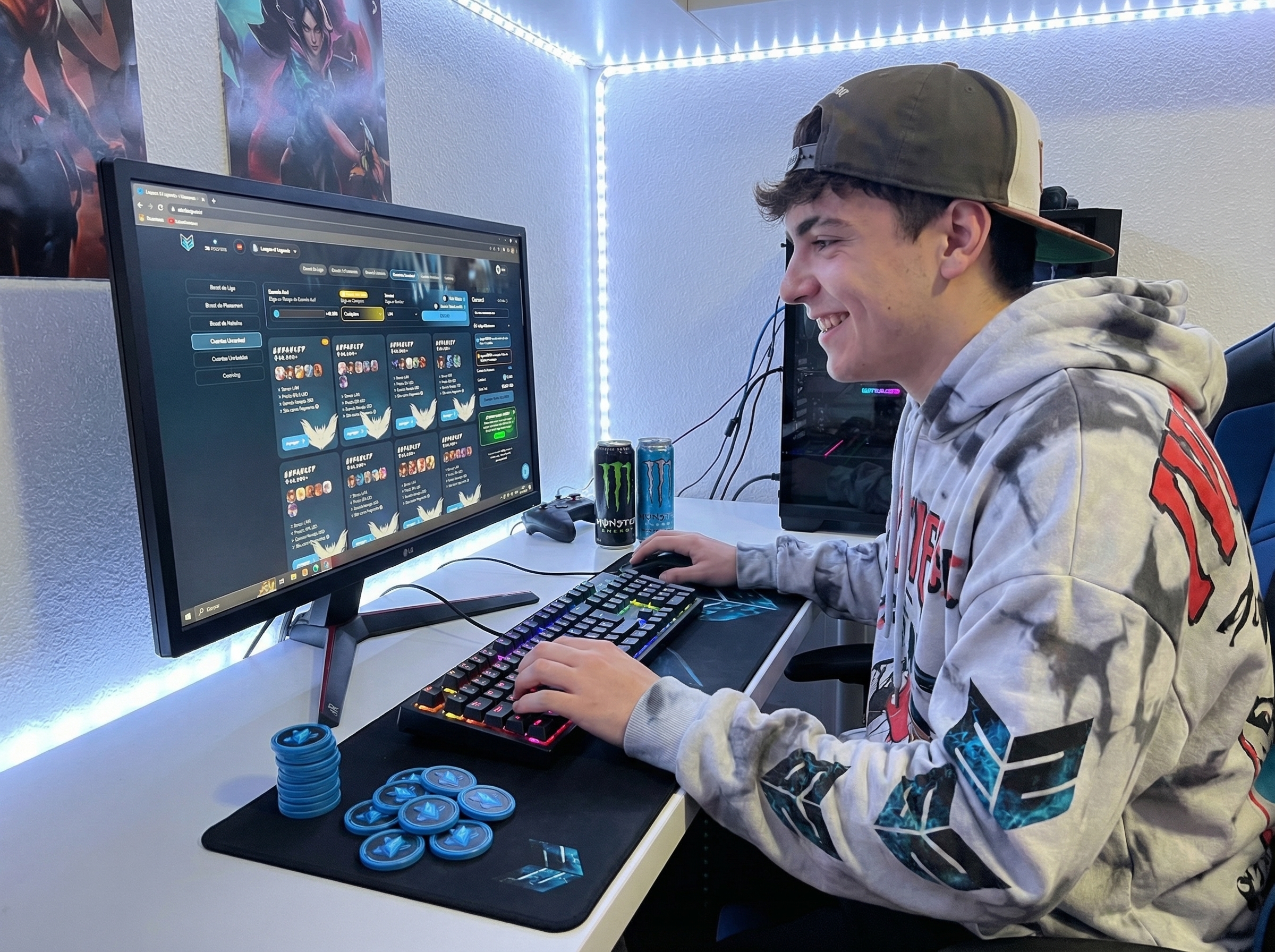Joven gamer feliz eligiendo skins de LoL con esencia azul
