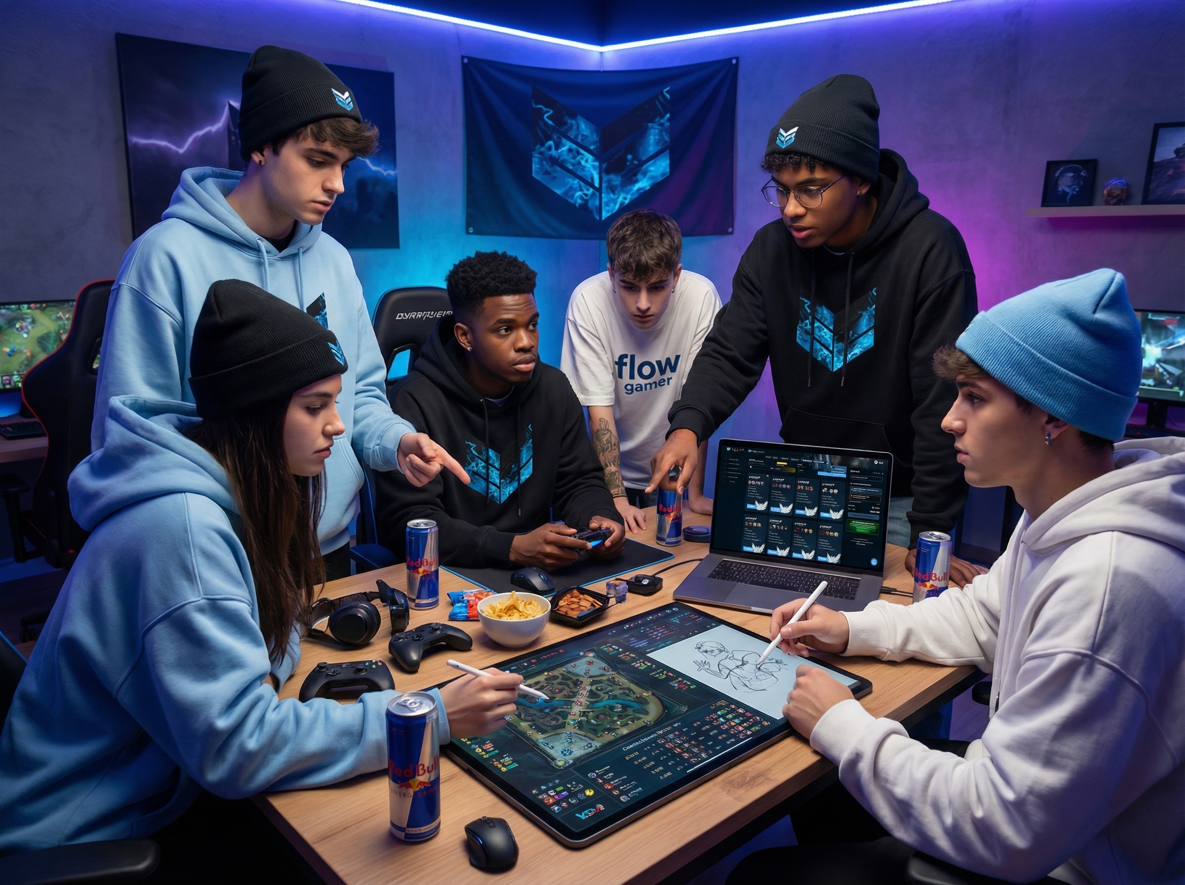 Grupo de j&oacute;venes gamers discutiendo estrategias de LoL