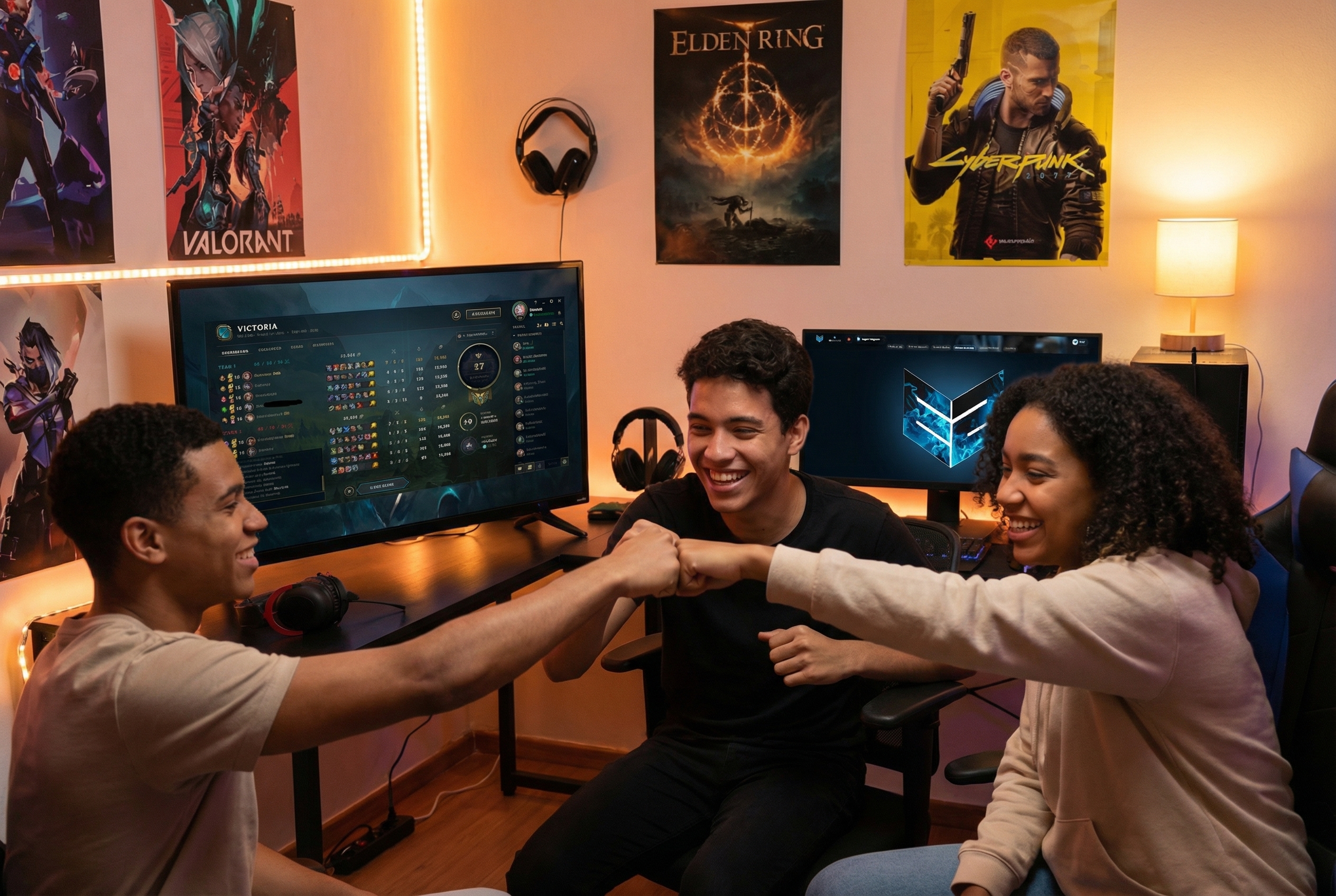 Grupo de amigos gamers celebrando una victoria en League of Legends