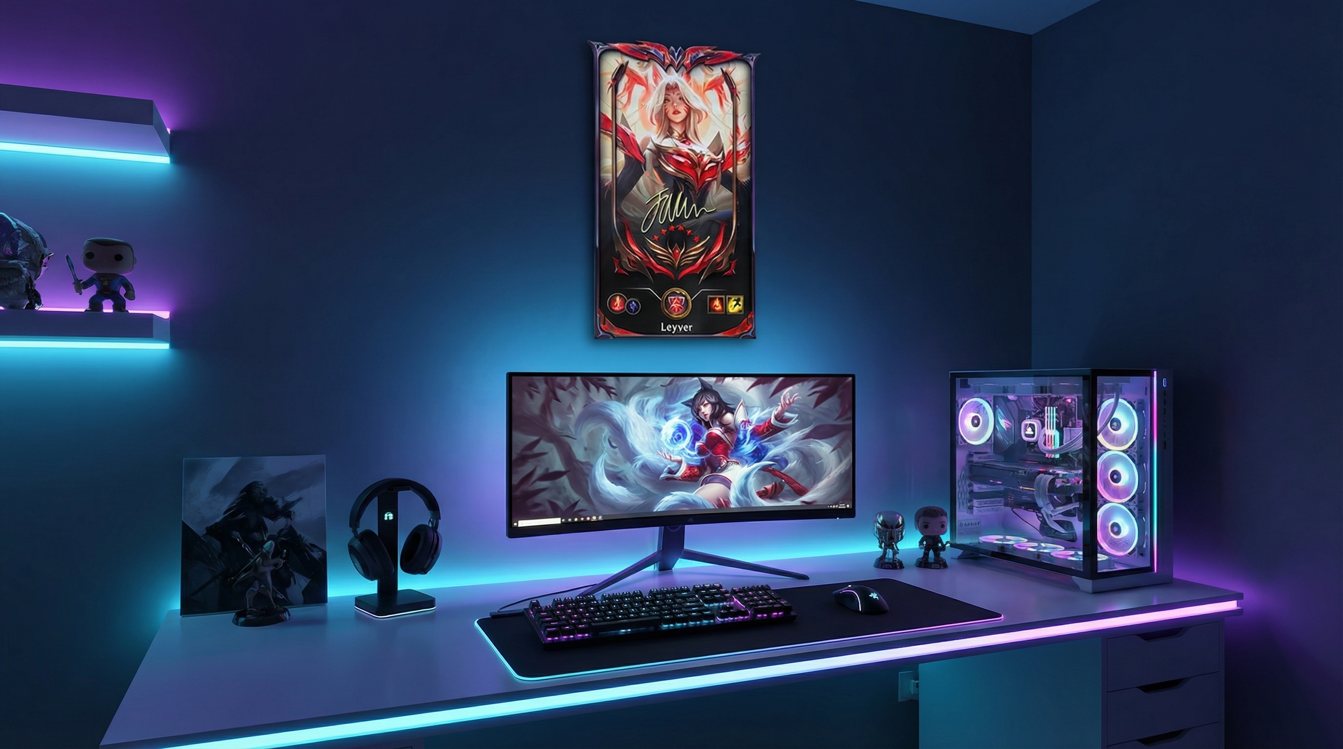 Habitación gamer con cuadro de LoL en la pared