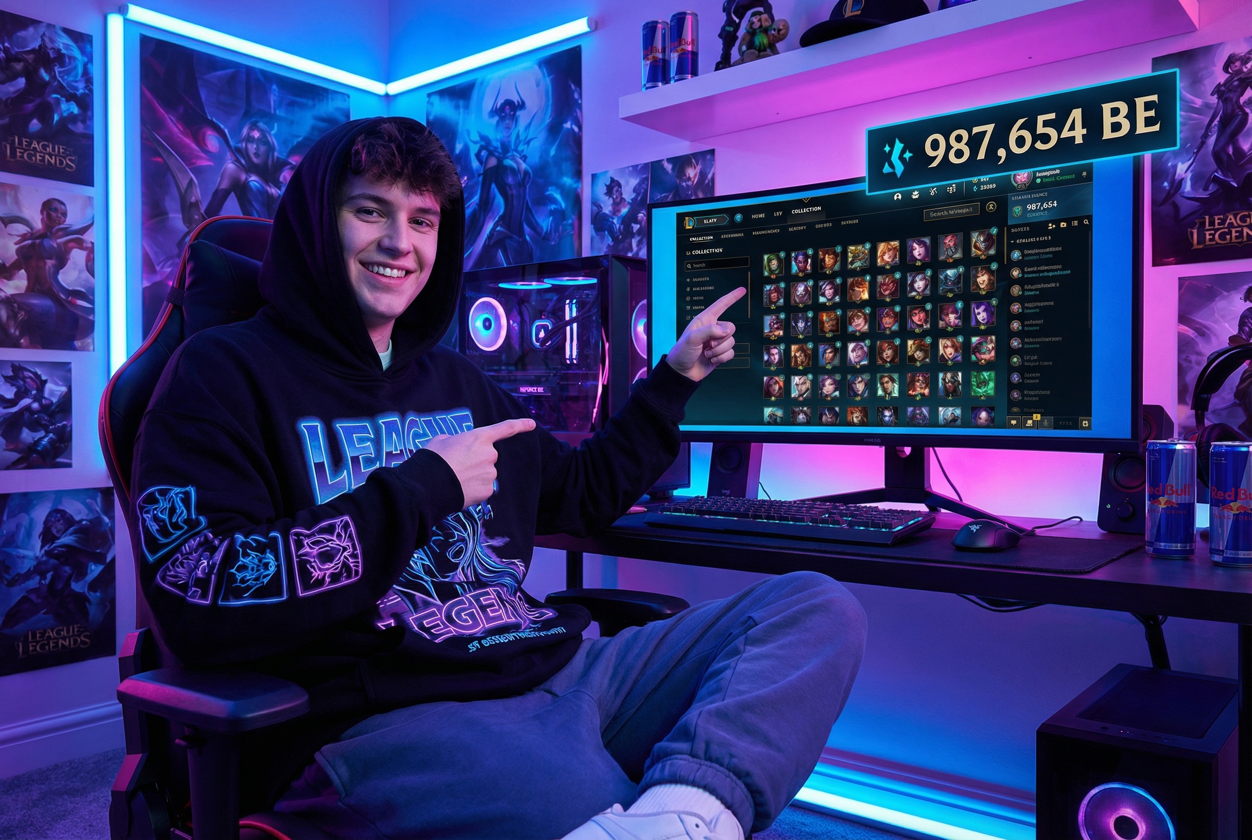 Jugador joven feliz con cuenta unranked de League of Legends