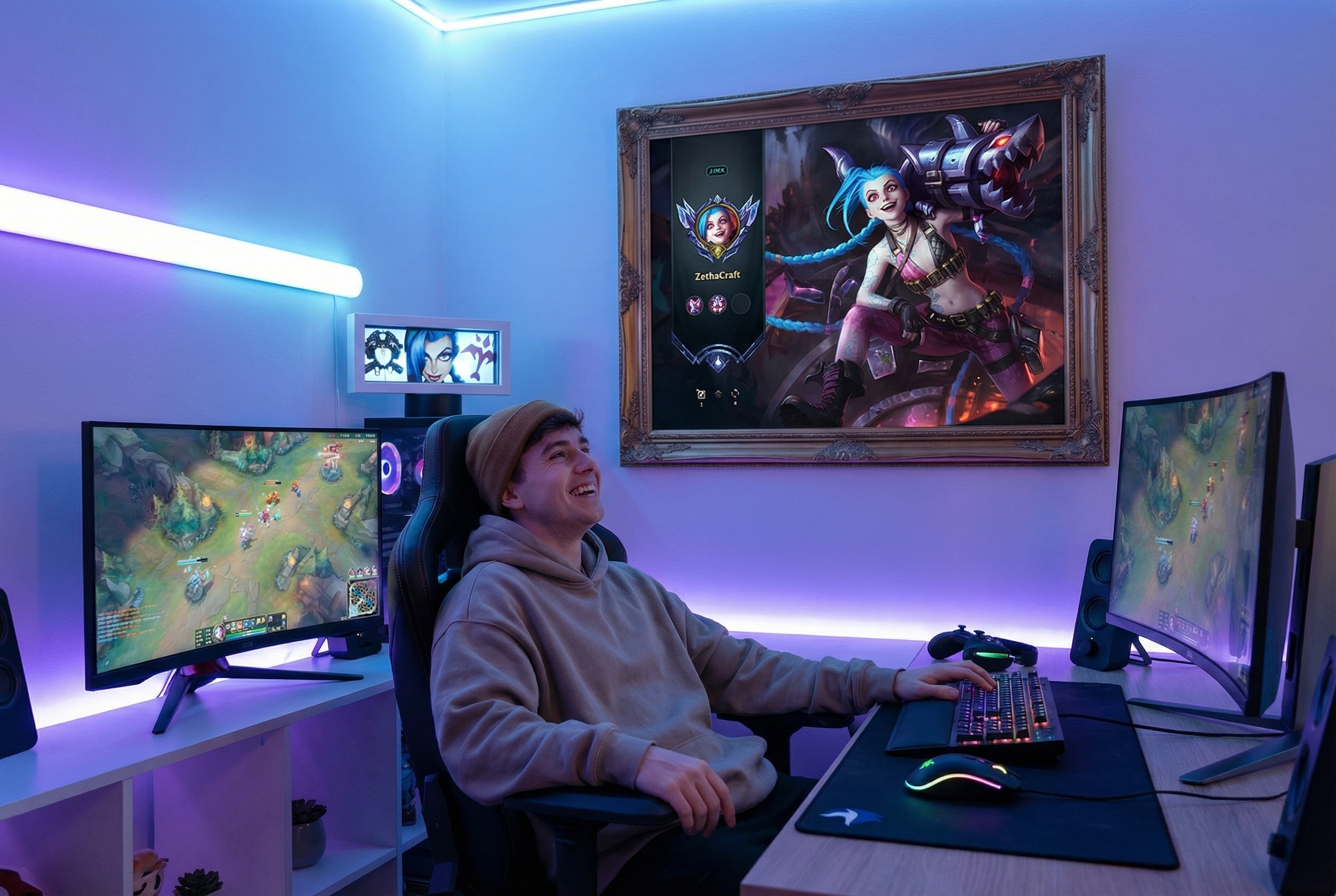 Habitación gamer con un cuadro personalizado de League of Legends