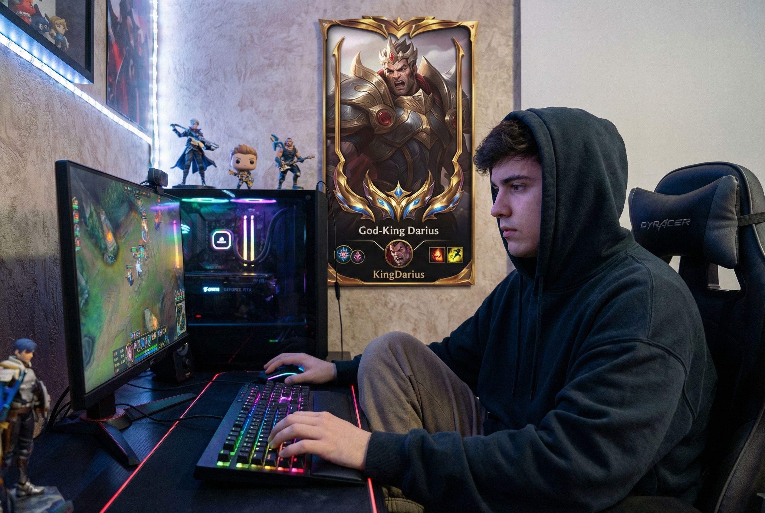 Joven gamer jugando LoL con un cuadro de Darius en el fondo