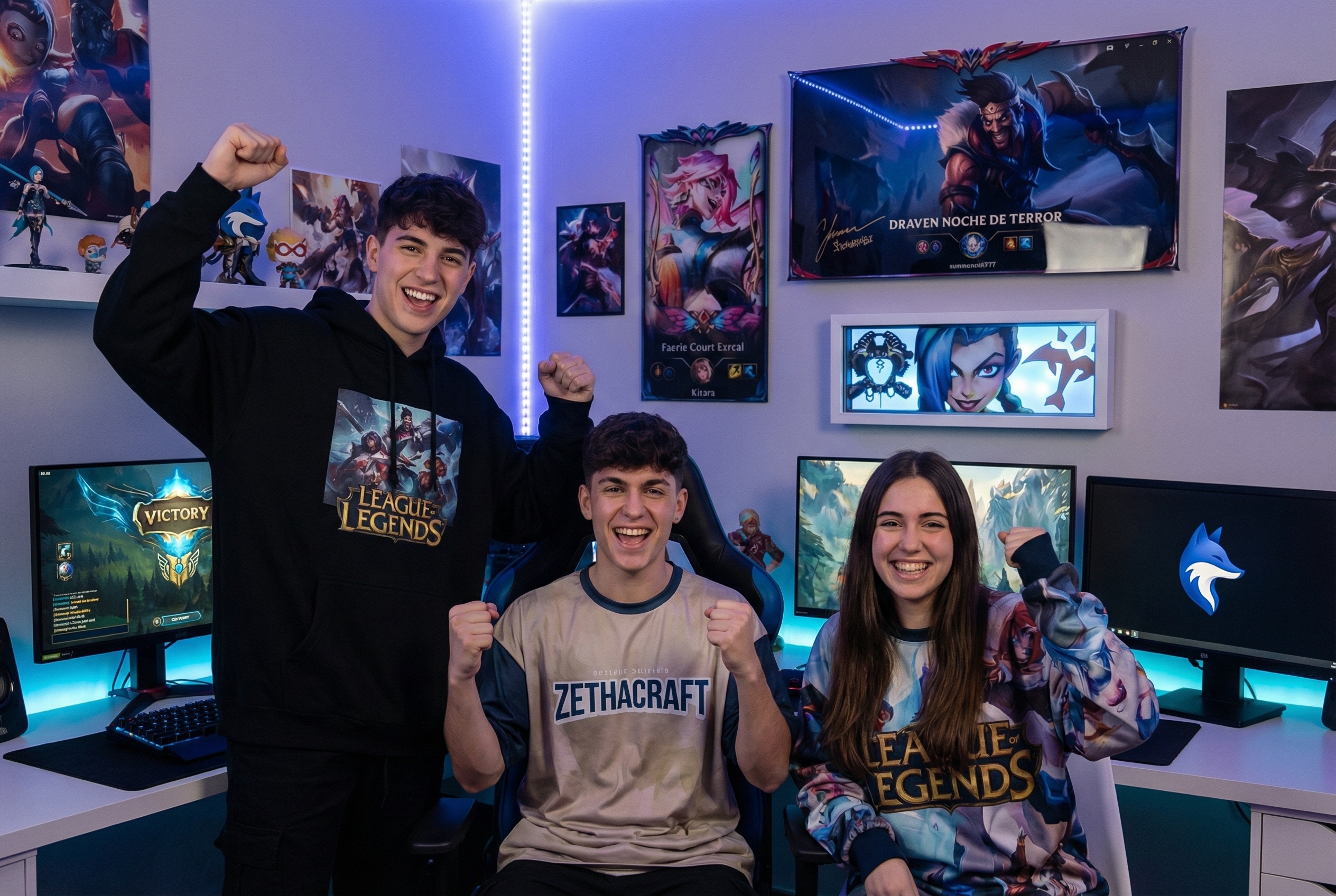 Grupo de jóvenes gamers celebrando una victoria con arte de LoL en el fondo