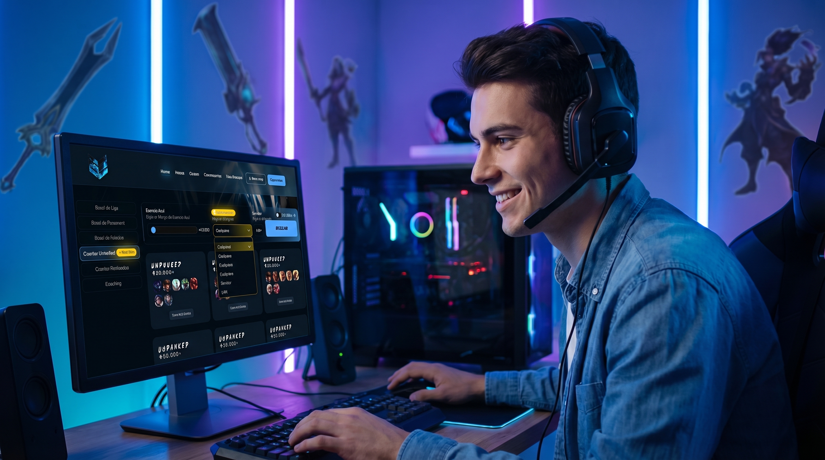 Vista del sistema para filtrar cuentas y skins en ezlol.gg