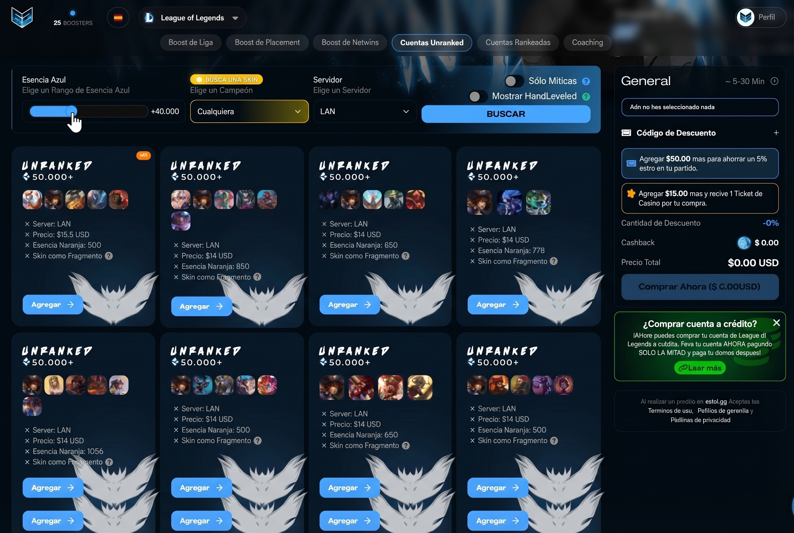 Panel de exploraci&oacute;n de cuentas Unranked en ezlol.gg