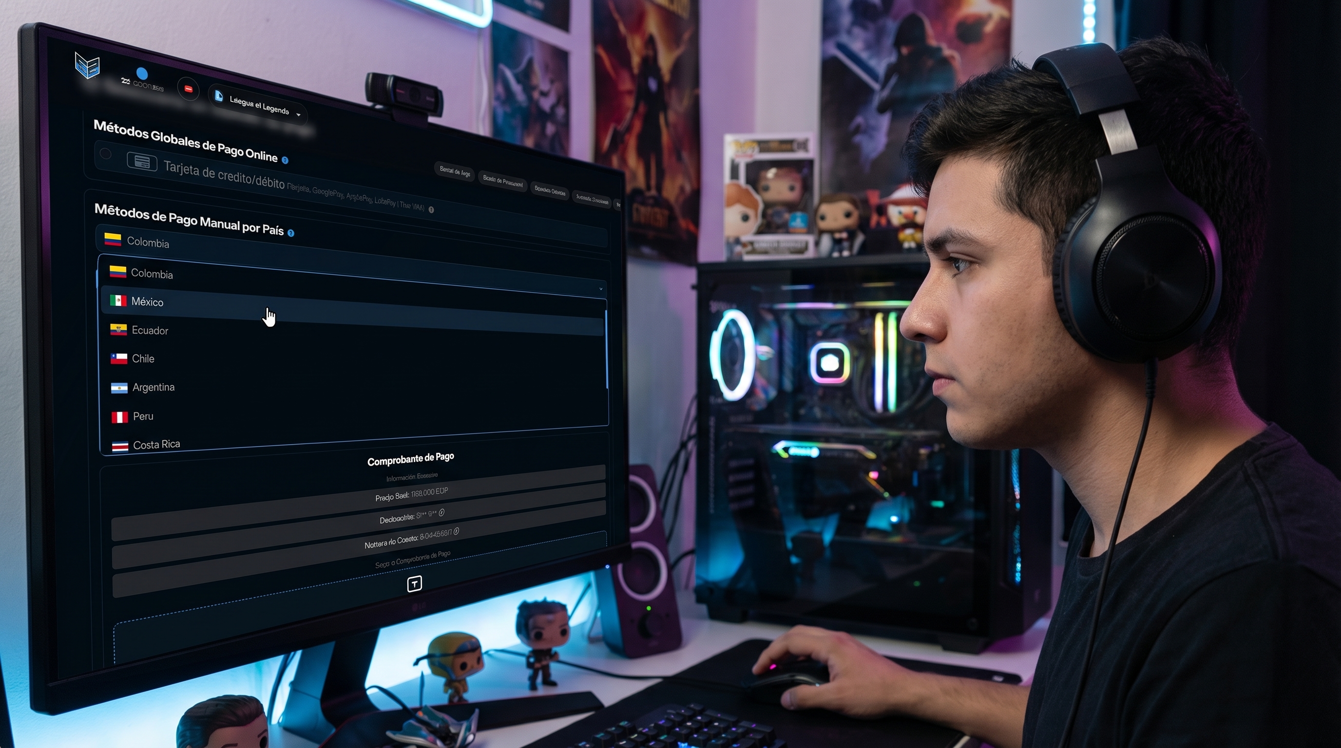 Selecci&oacute;n de m&eacute;todo de pago y pa&iacute;s en ezlol.gg