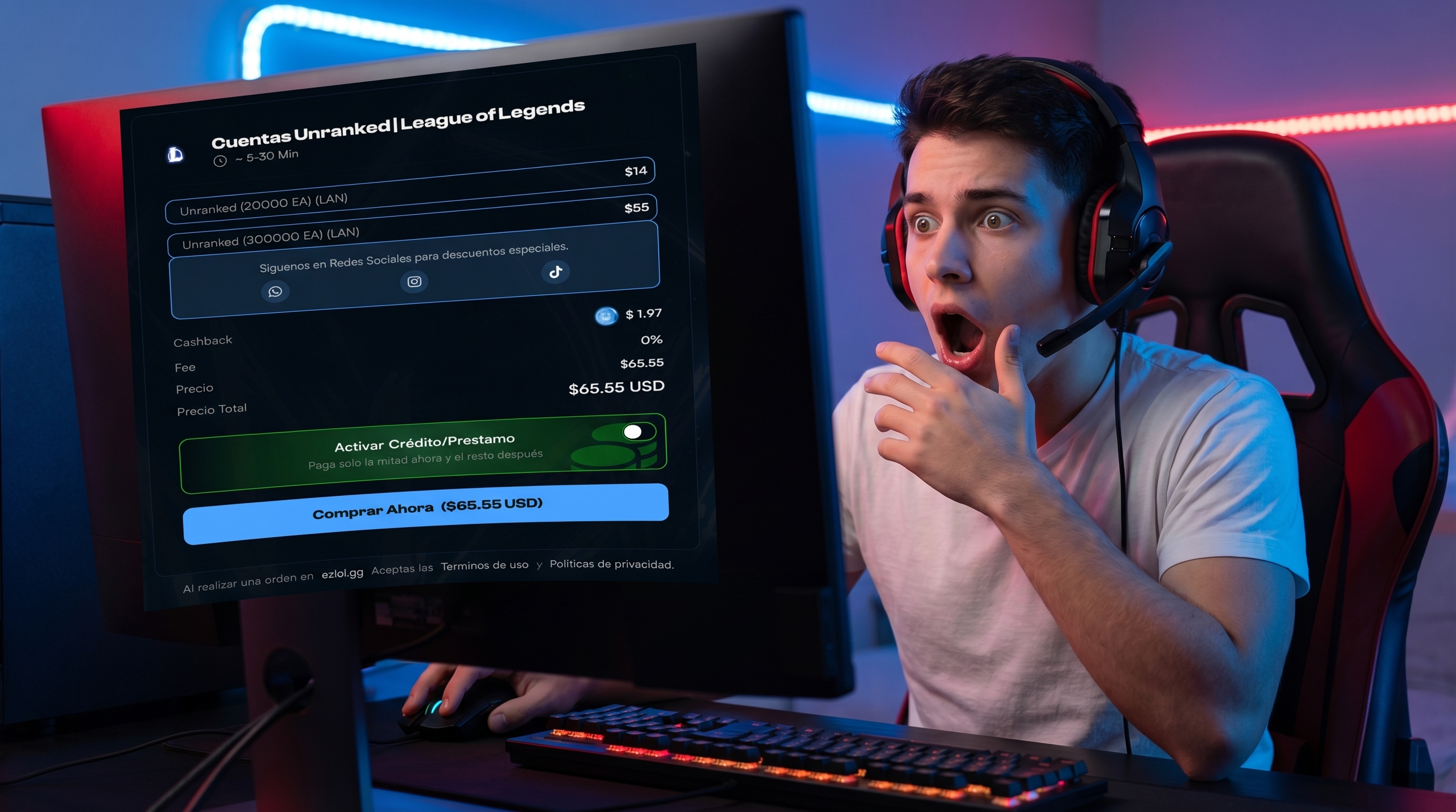 Panel de compra de la cuenta premium con mayor esencia azul