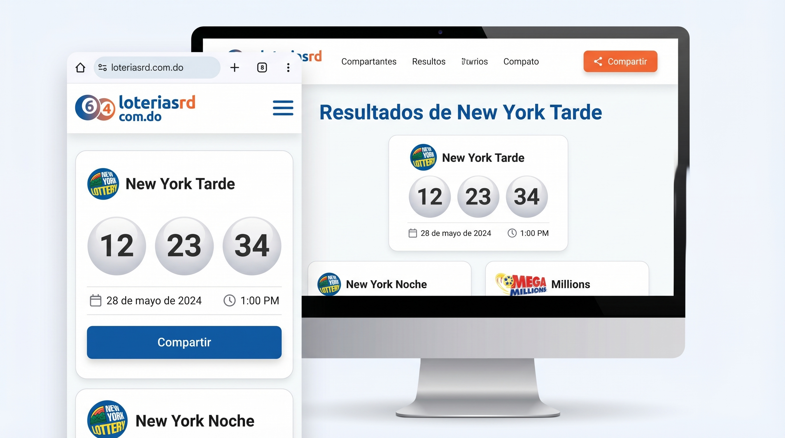 Vista previa de la página web de loteriasrd.com.do mostrando los resultados de lotería de New York Tarde