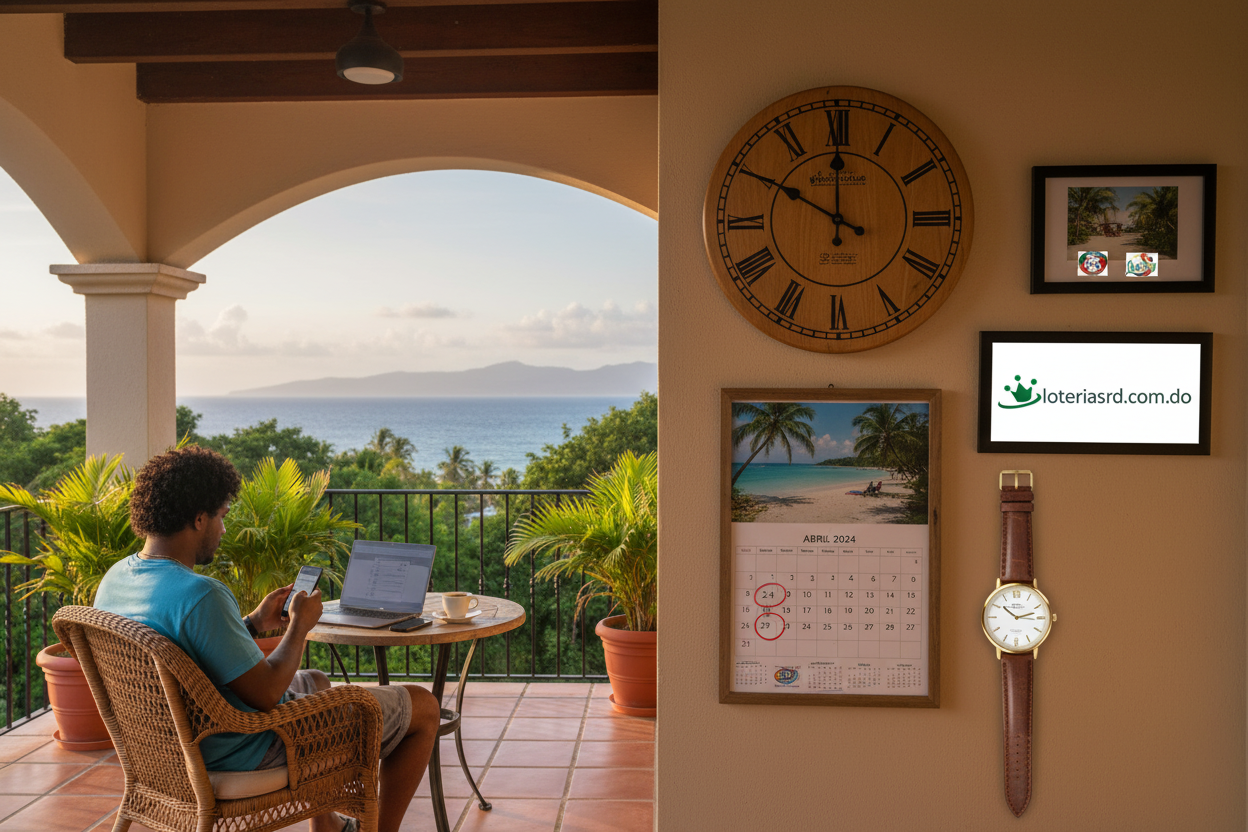 Un reloj marcando la hora del sorteo de New York Tarde en un contexto dominicano, con un calendario y una persona revisando su teléfono.