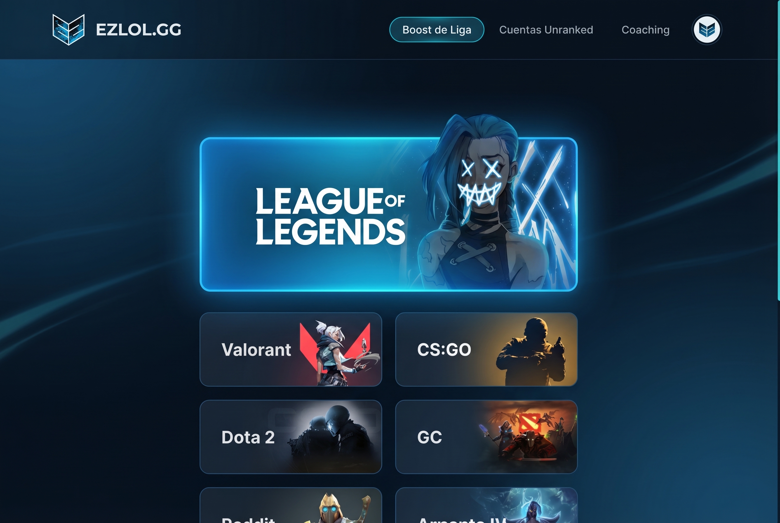 Vista previa de la página de selección de juego en ezlol.gg