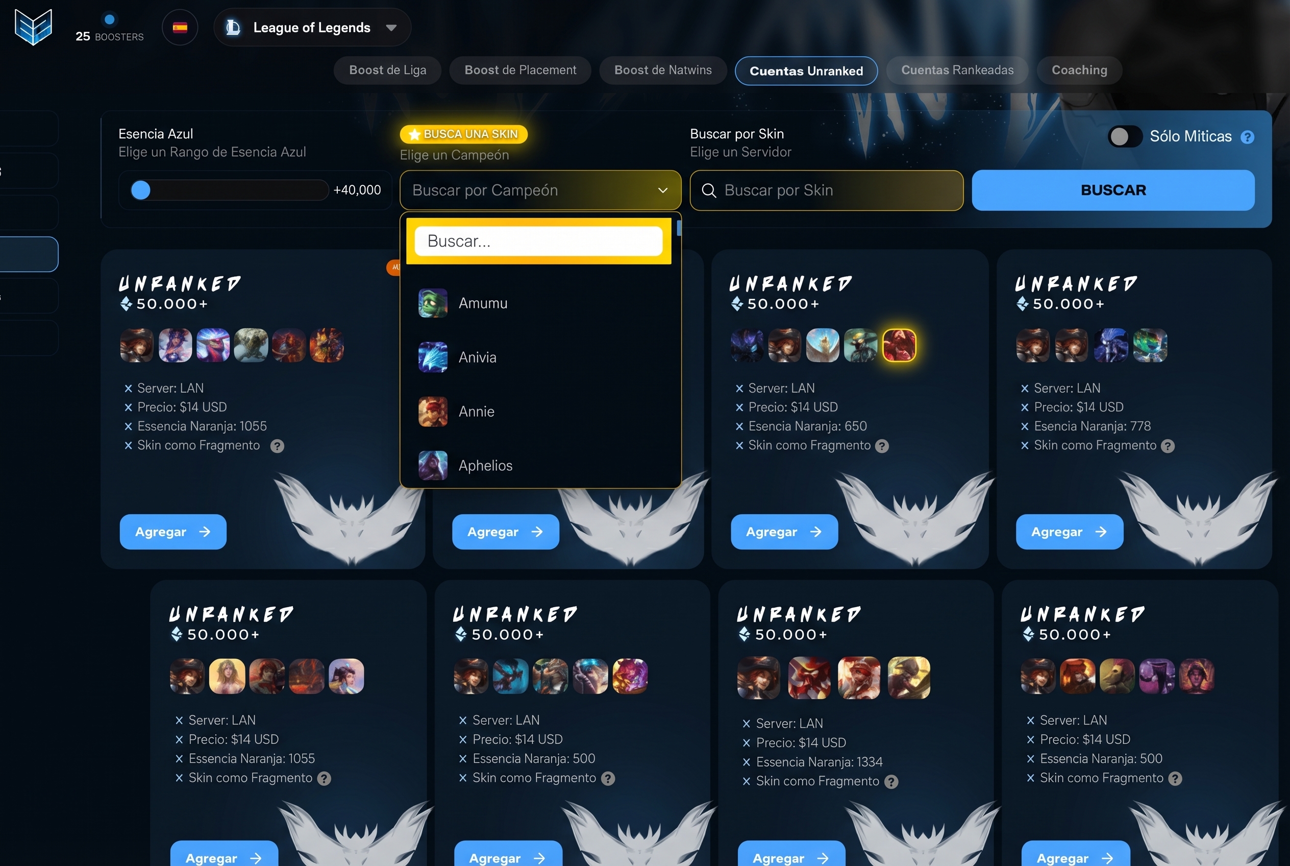 Vista previa de la página de selección de cuentas Unranked en ezlol.gg