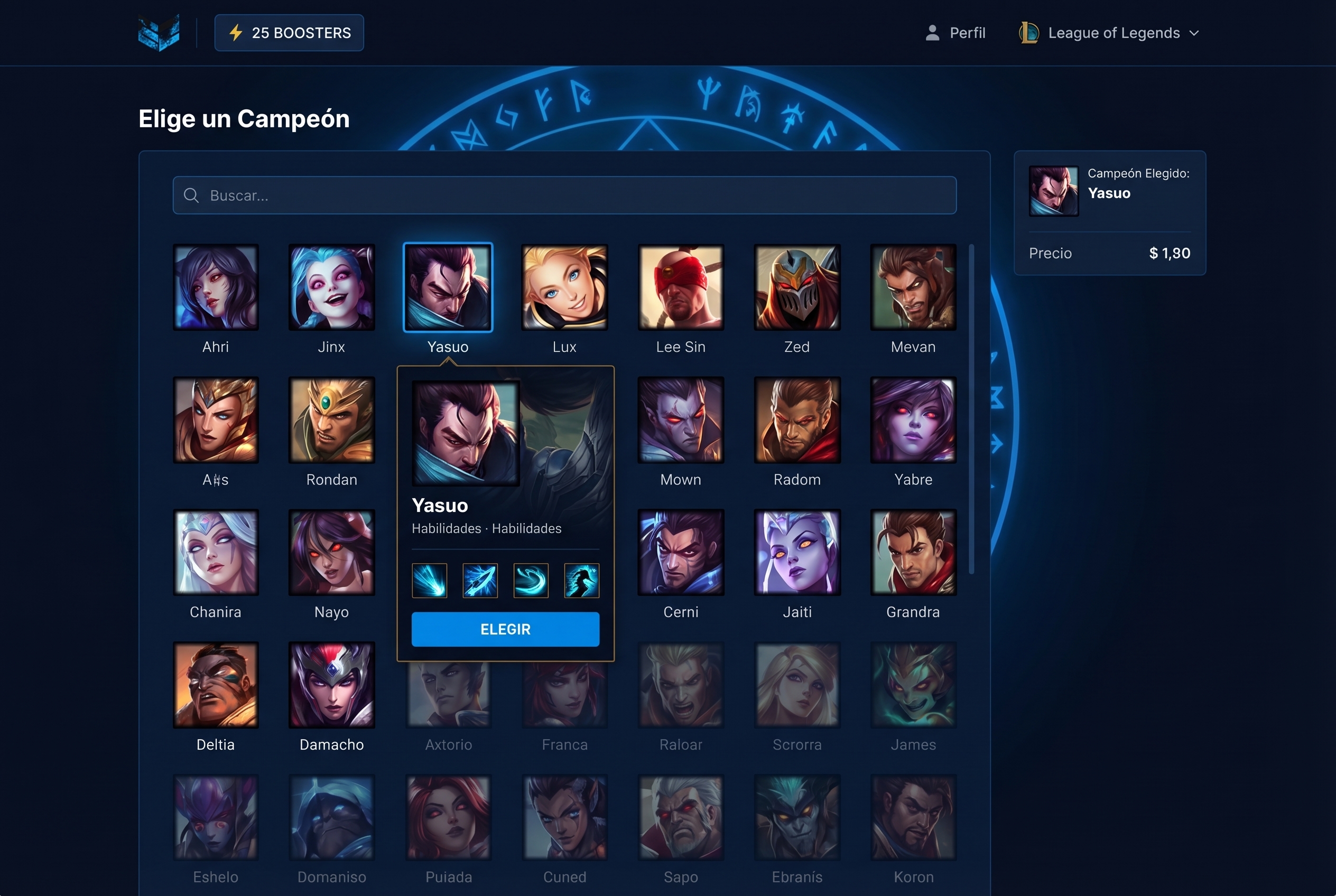 Vista previa de la página de selección de cuenta por campeón en ezlol.gg